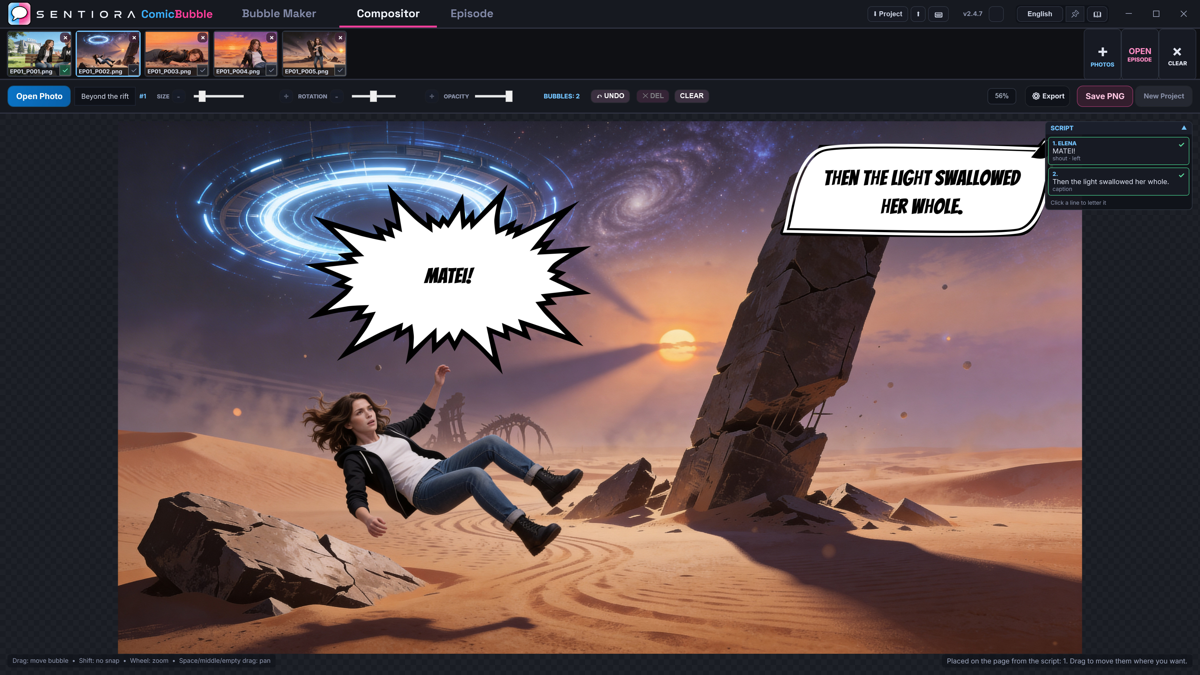 A woman falling from a glowing portal, with a jagged MATEI! burst and a slanted caption.