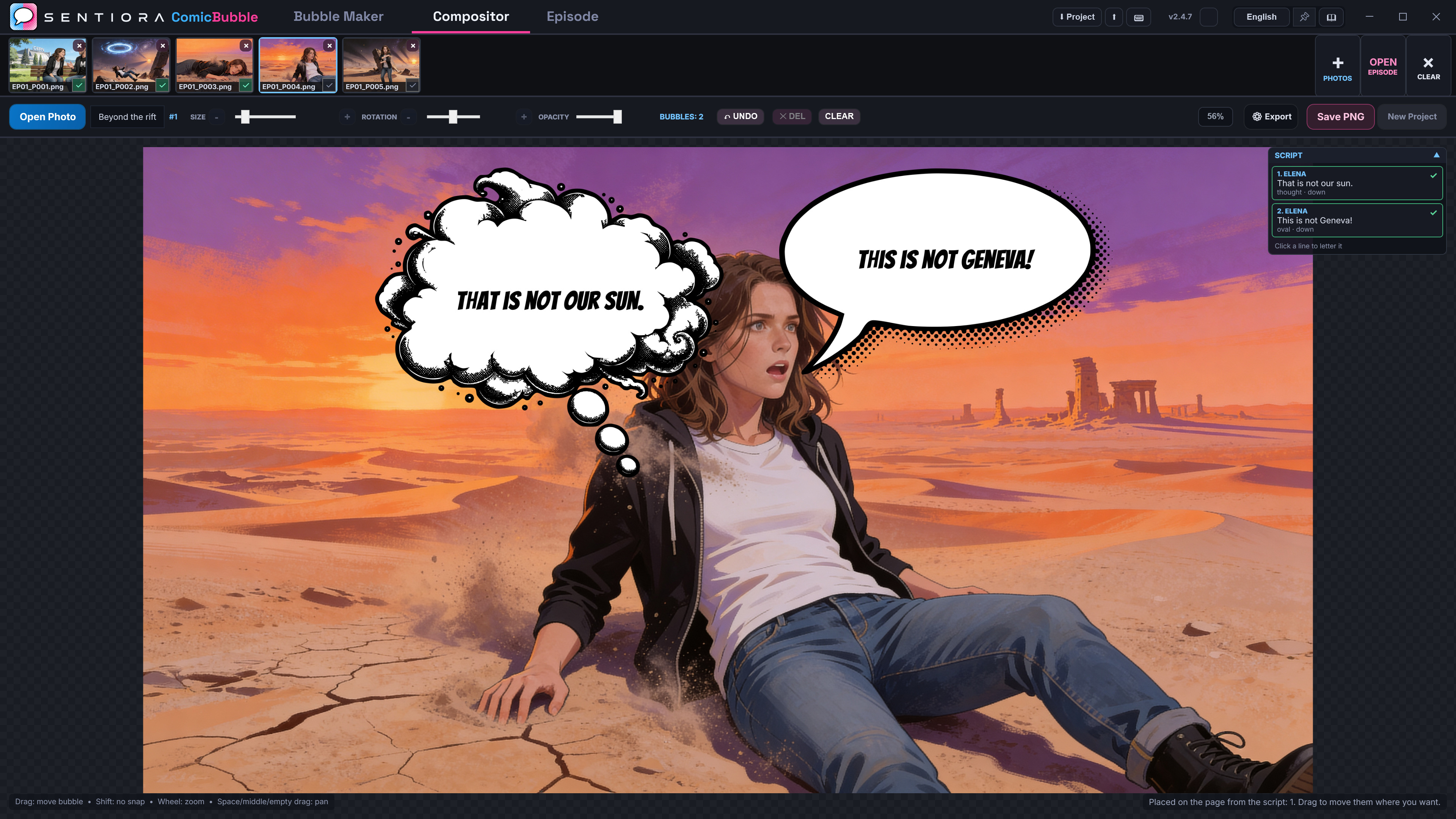 A woman under an alien sunset with a smoky thought cloud and a halftone speech balloon.