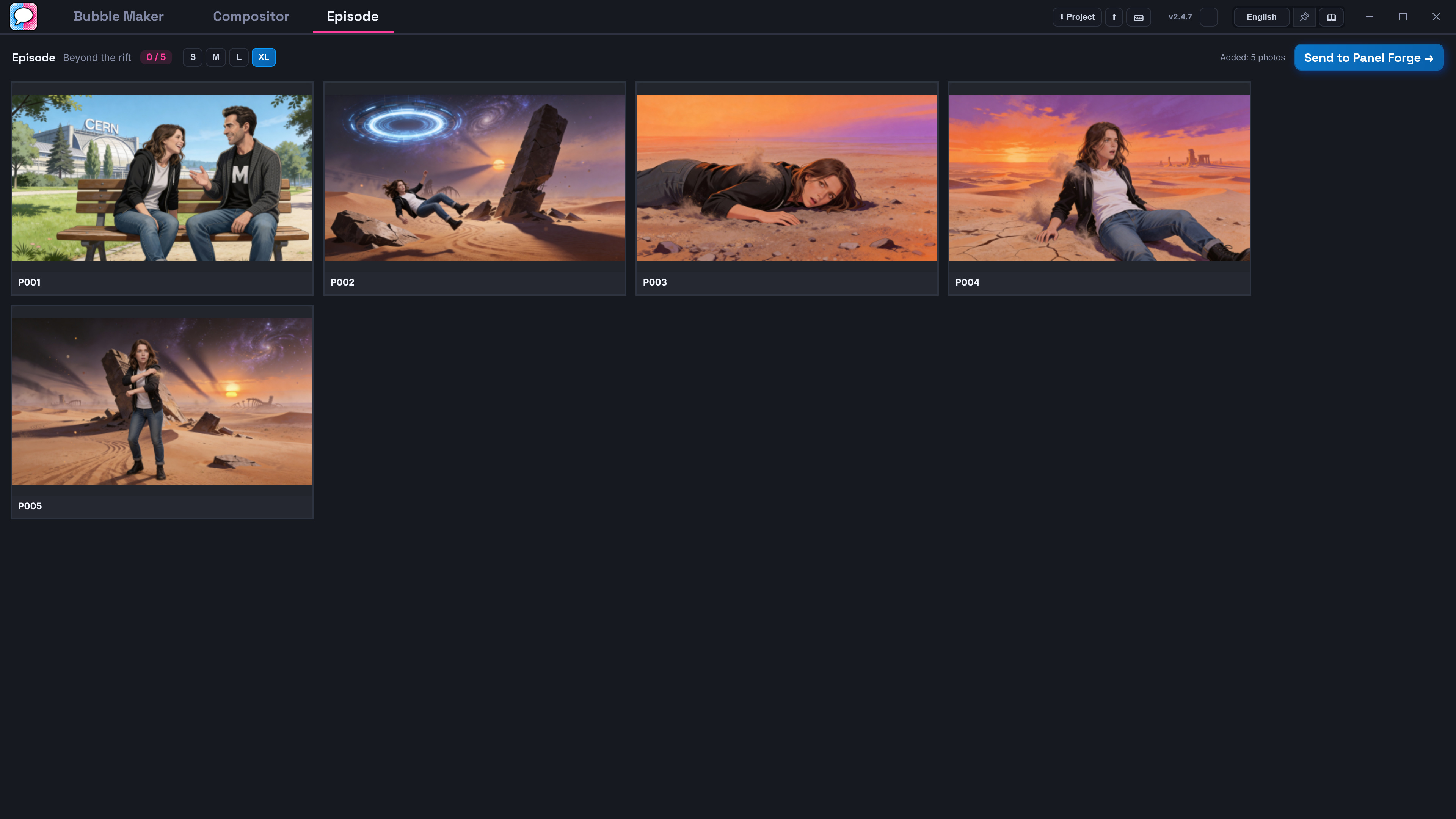 The Episode tab with five large panel cards and a Send to Panel Forge button.