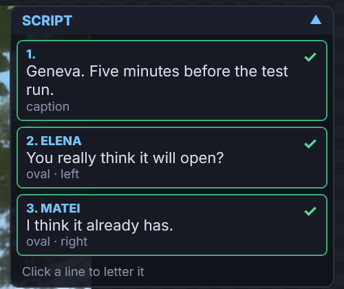 The script panel with three lines, each ticked.