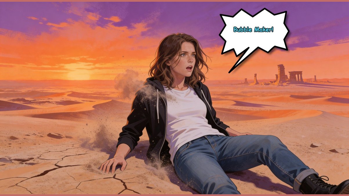 A comic-style desert scene with a speech bubble made in Sentiora ComicBubble.