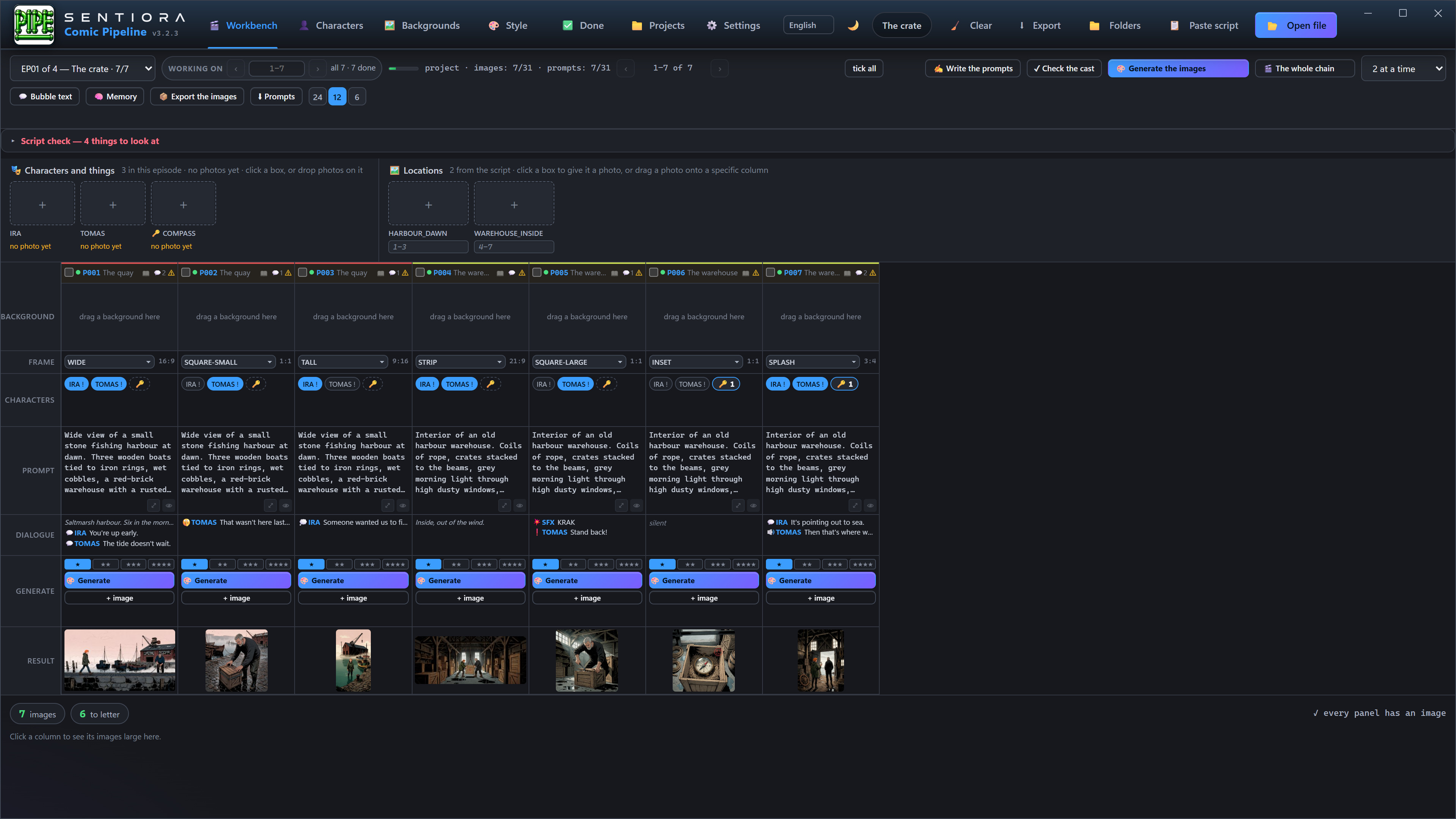 The Comic Pipeline workbench for the episode The crate: seven panel columns, each with its frame shape, characters, prompt, dialogue, generate buttons and the image it produced.