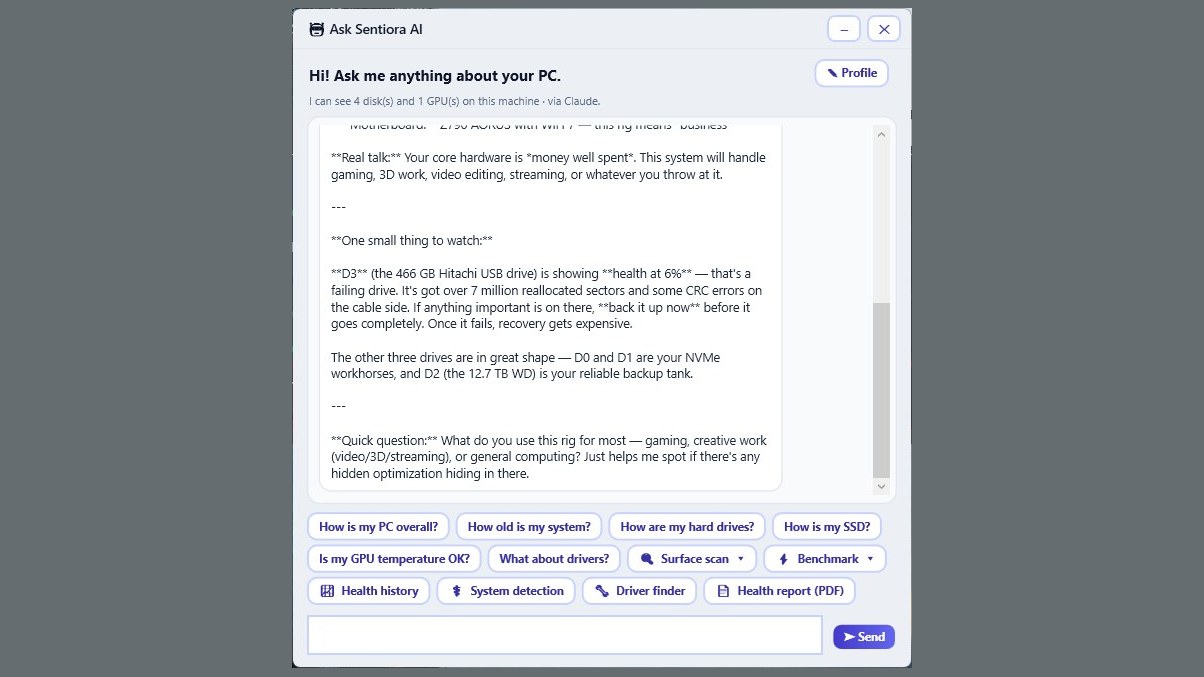 The Ask Sentiora AI window explaining that the D3 Hitachi drive is at 6% health with reallocated sectors, and advising a backup.