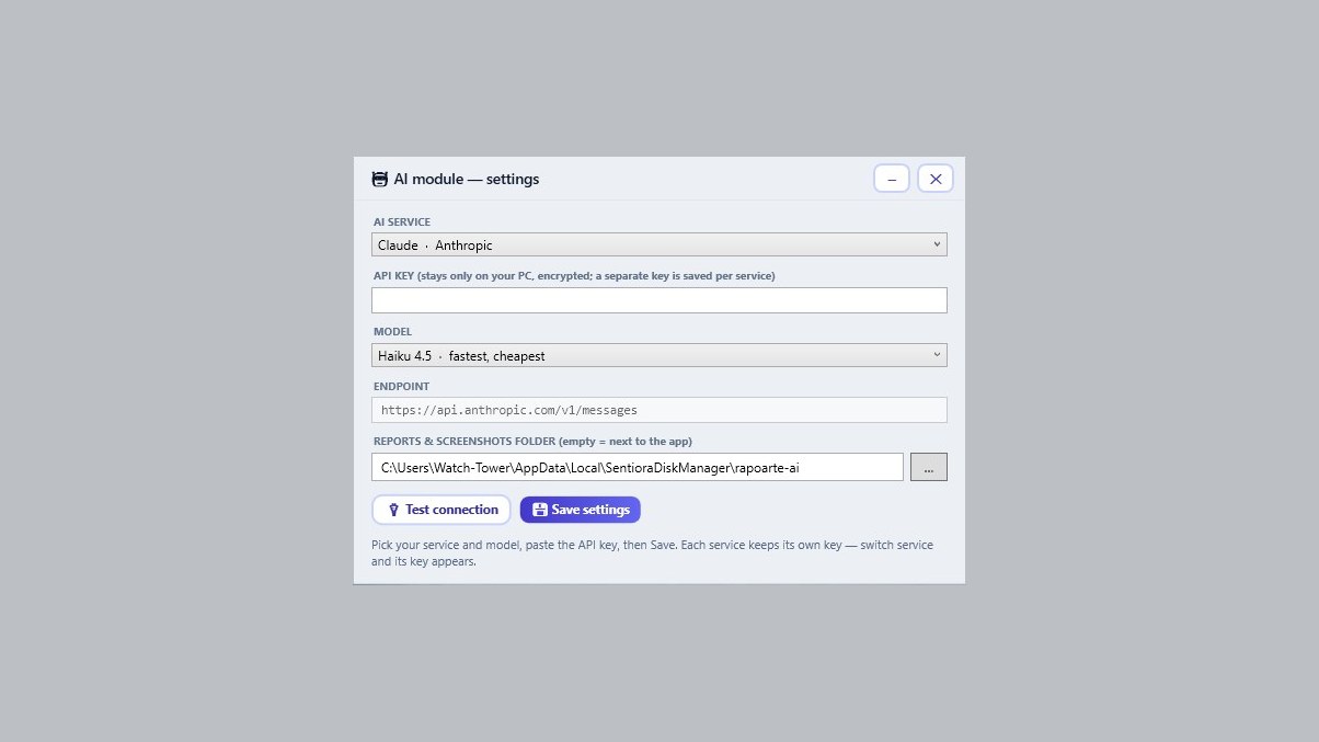The AI module settings showing the service, an API key field, the model and the endpoint.