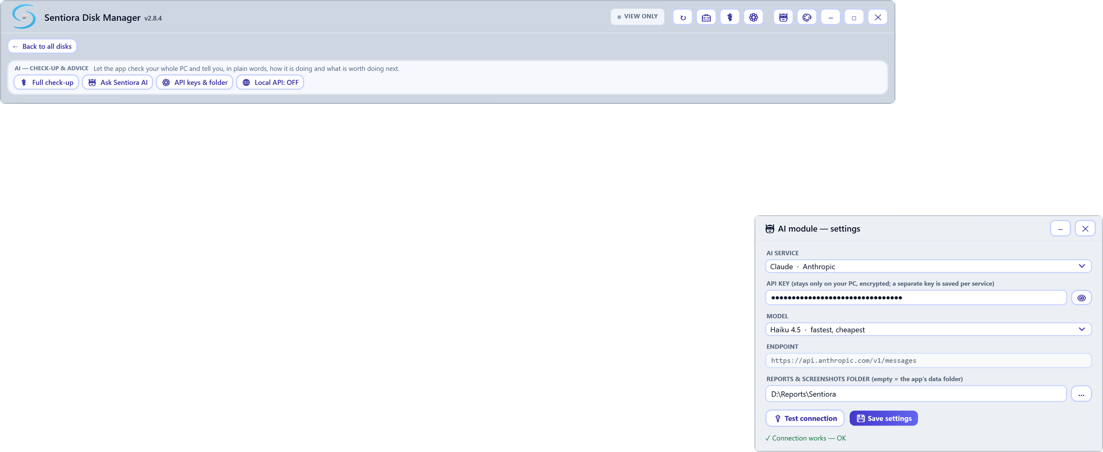 AI module settings with Claude by Anthropic selected, a hidden API key, the model Haiku 4.5, the Anthropic endpoint, a reports folder, Test connection and Save settings, and connection works.