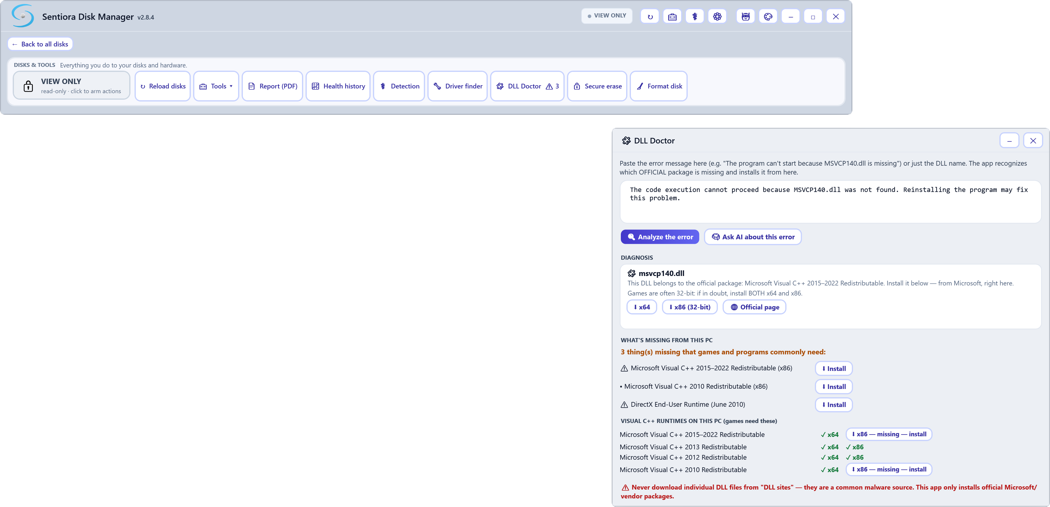 DLL Doctor with an MSVCP140.dll error pasted, a diagnosis naming the Microsoft Visual C++ 2015-2022 Redistributable with x64, x86 and official page buttons, three missing runtimes with install buttons, and a table of the Visual C++ runtimes present on the PC.