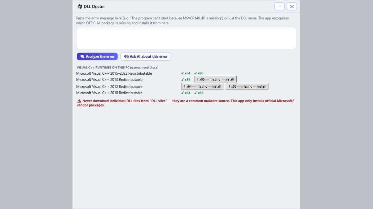 DLL Doctor listing the Visual C++ redistributables present on the PC and offering to install the missing ones.