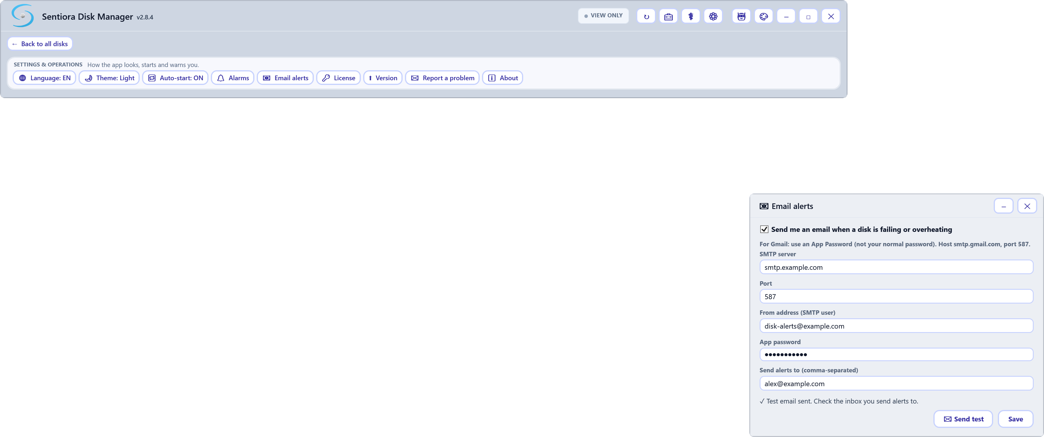 Email alerts with SMTP server smtp.example.com, port 587, sender disk-alerts@example.com, a hidden app password, alerts sent to alex@example.com, and test email sent.