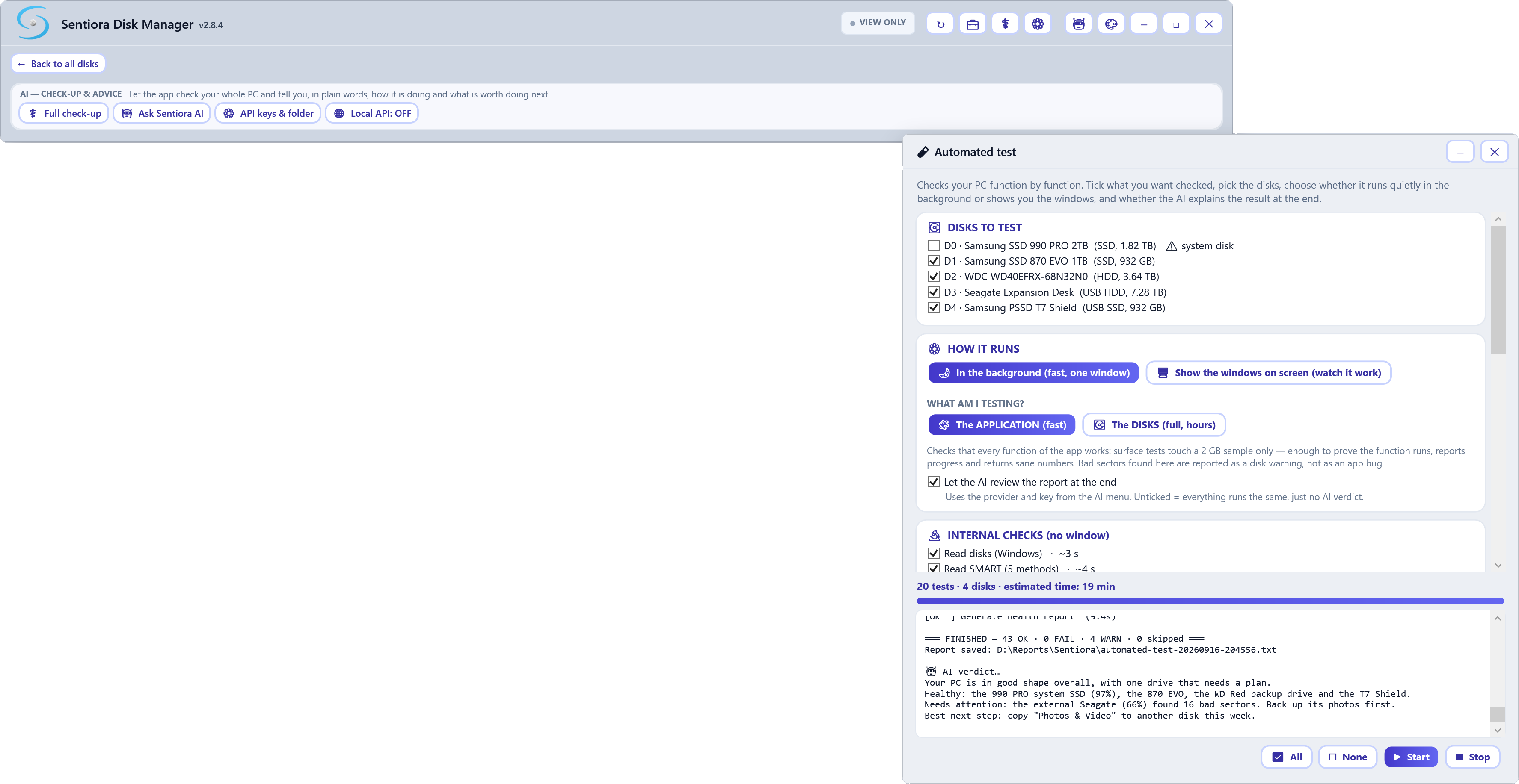 Automated test with four disks ticked and the system disk left out, running in the background, testing the application, the AI review ticked, and a finished log with the counts, the report location and an AI verdict.