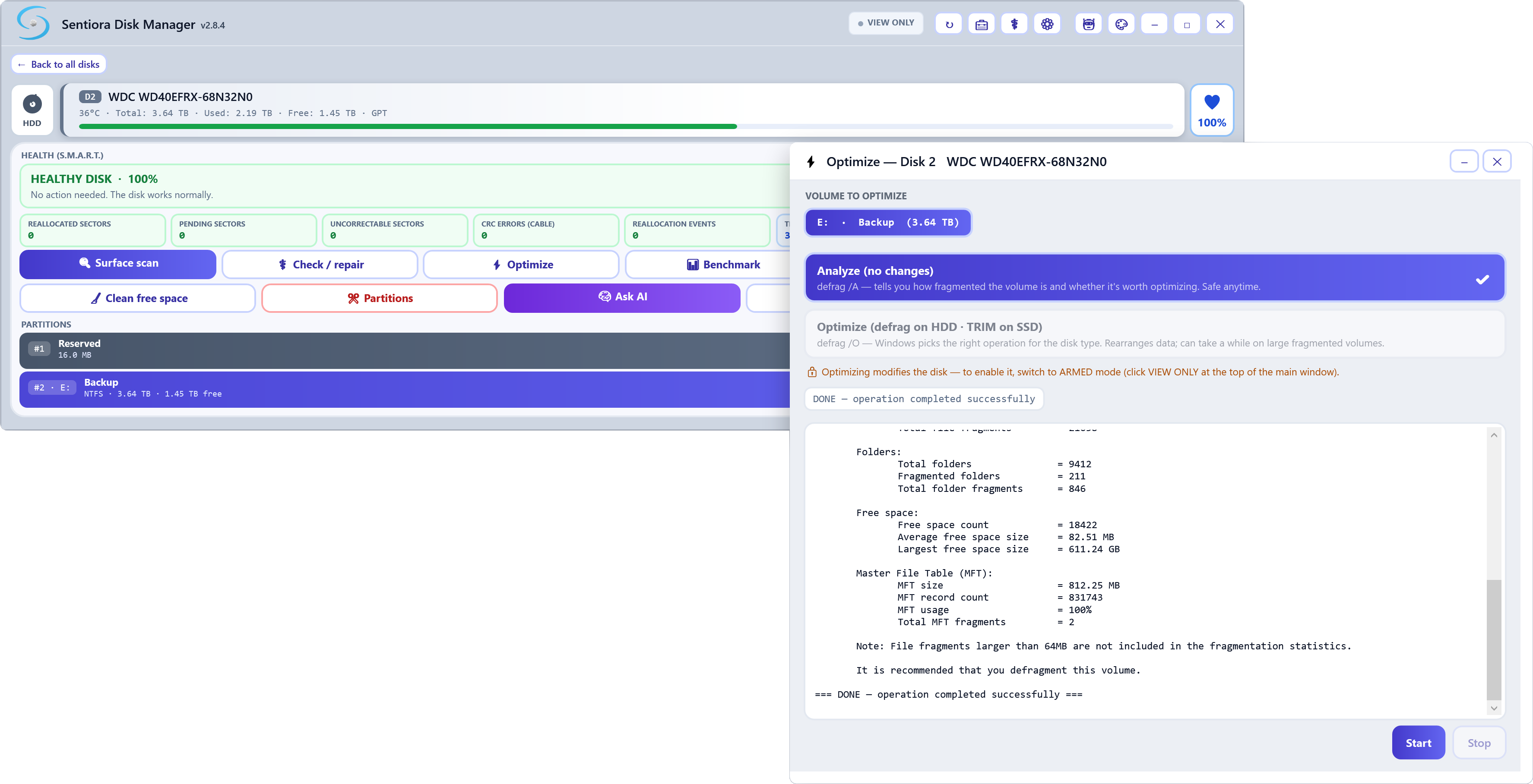 Optimize on the Backup partition of the WD Red with Analyze selected, and the defrag report listing folders, fragments, free space and the master file table, ending with operation completed successfully.