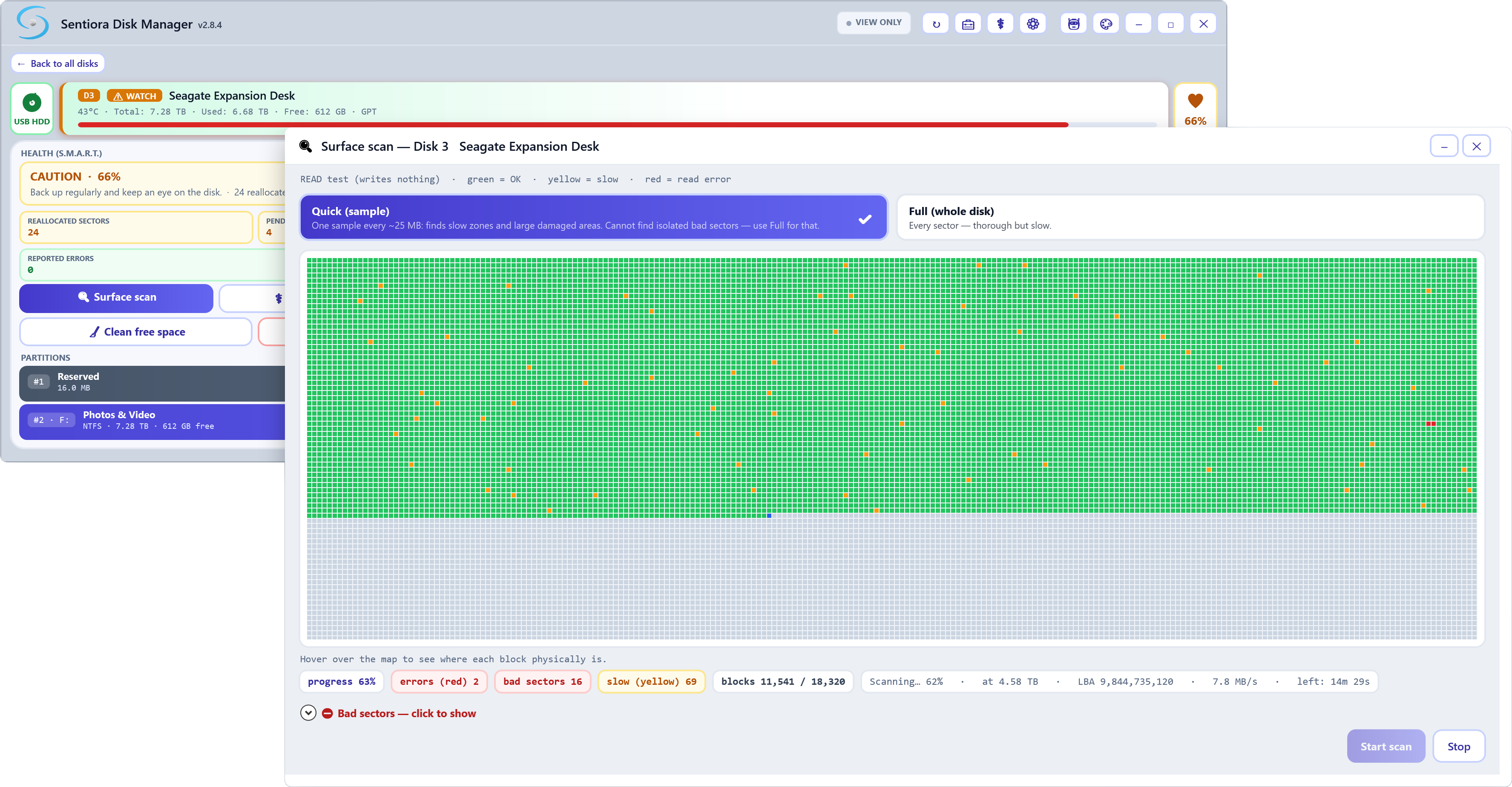 Surface scan of the Seagate Expansion Desk in quick mode: a block map mostly green with scattered yellow and a few red blocks, and a status line with progress 63 percent, 2 errors, 16 bad sectors, 69 slow blocks, 7.8 MB per second and 14 minutes left.