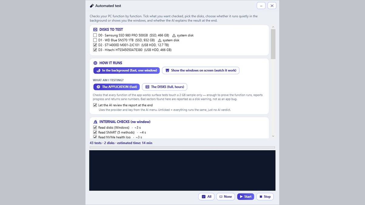 The automated test window with disks to test, background or visible mode, and a list of internal checks.
