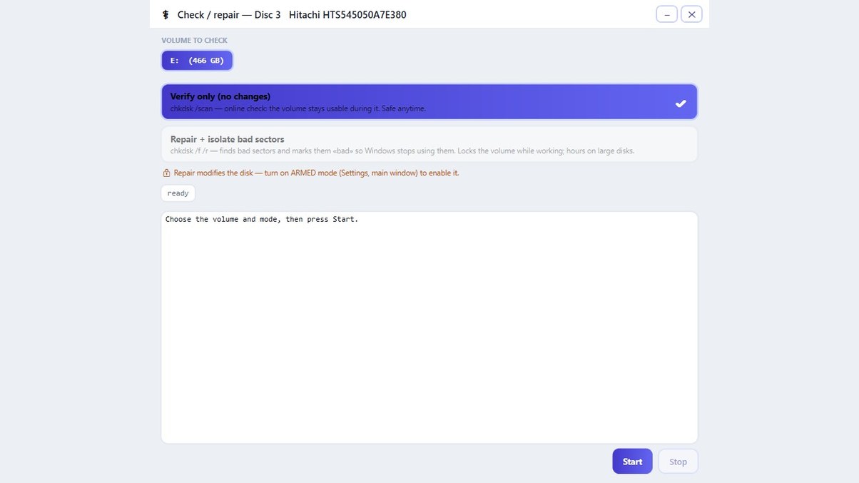 The check and repair window offering a verify-only scan, with the repair option greyed out until ARMED mode is switched on.