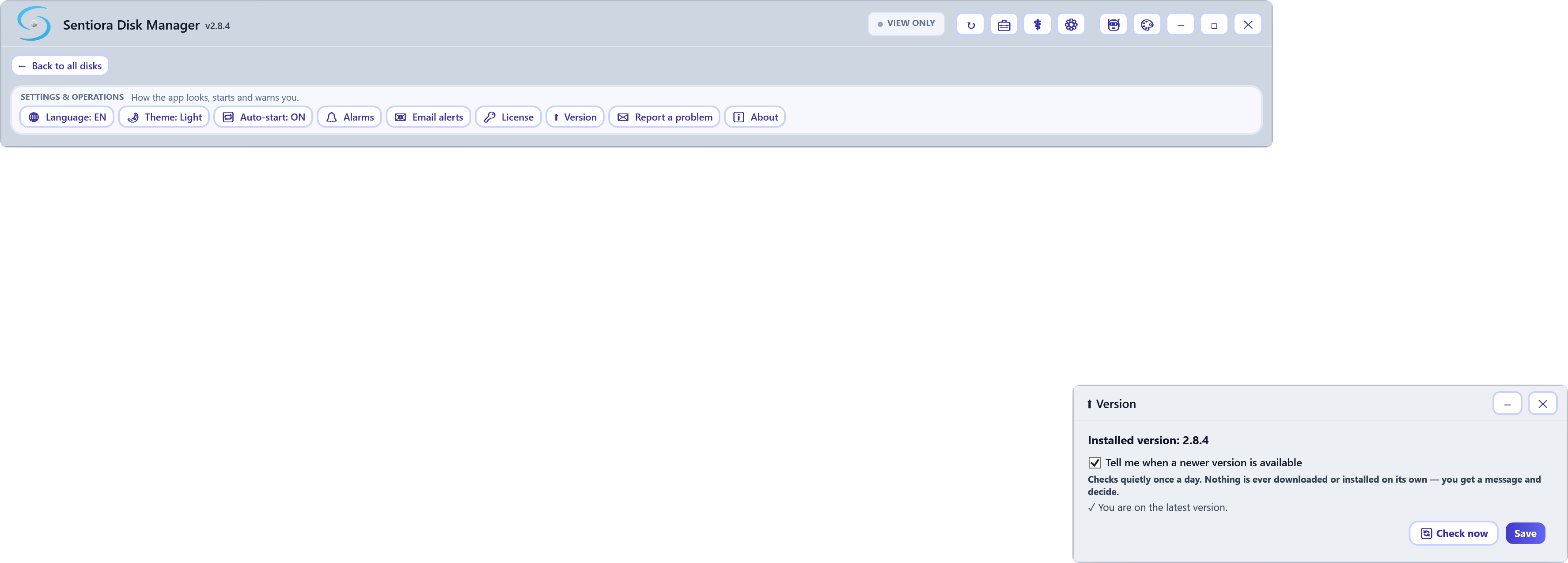 The version window: installed version 2.8.4, tell me when a newer version is available ticked, checks quietly once a day, you are on the latest version, Check now and Save.