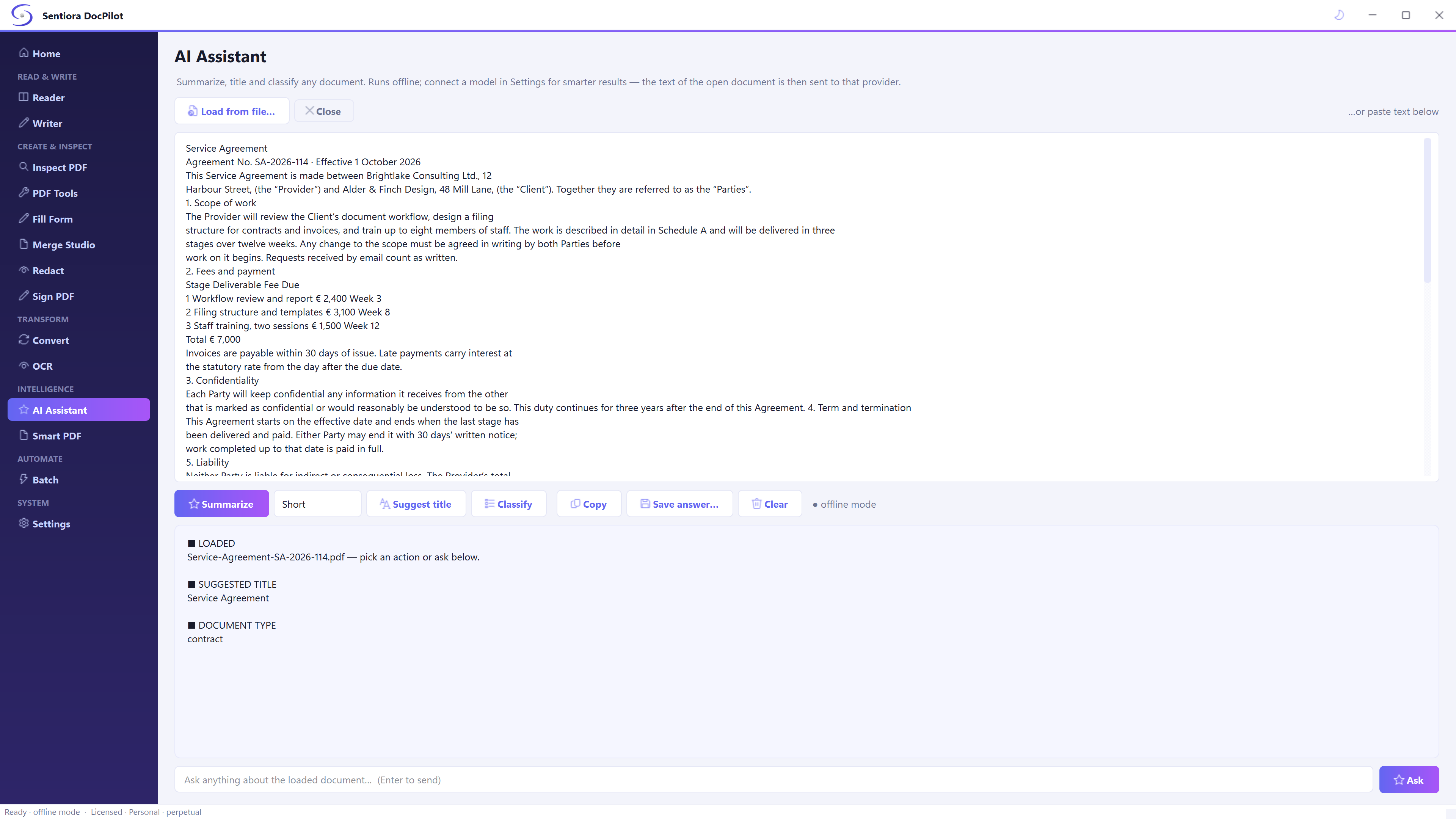 AI Assistant in offline mode with a service agreement loaded as text, buttons for summarize, suggest title, classify, copy, save answer and clear, and results showing the suggested title Service Agreement and the document type contract.