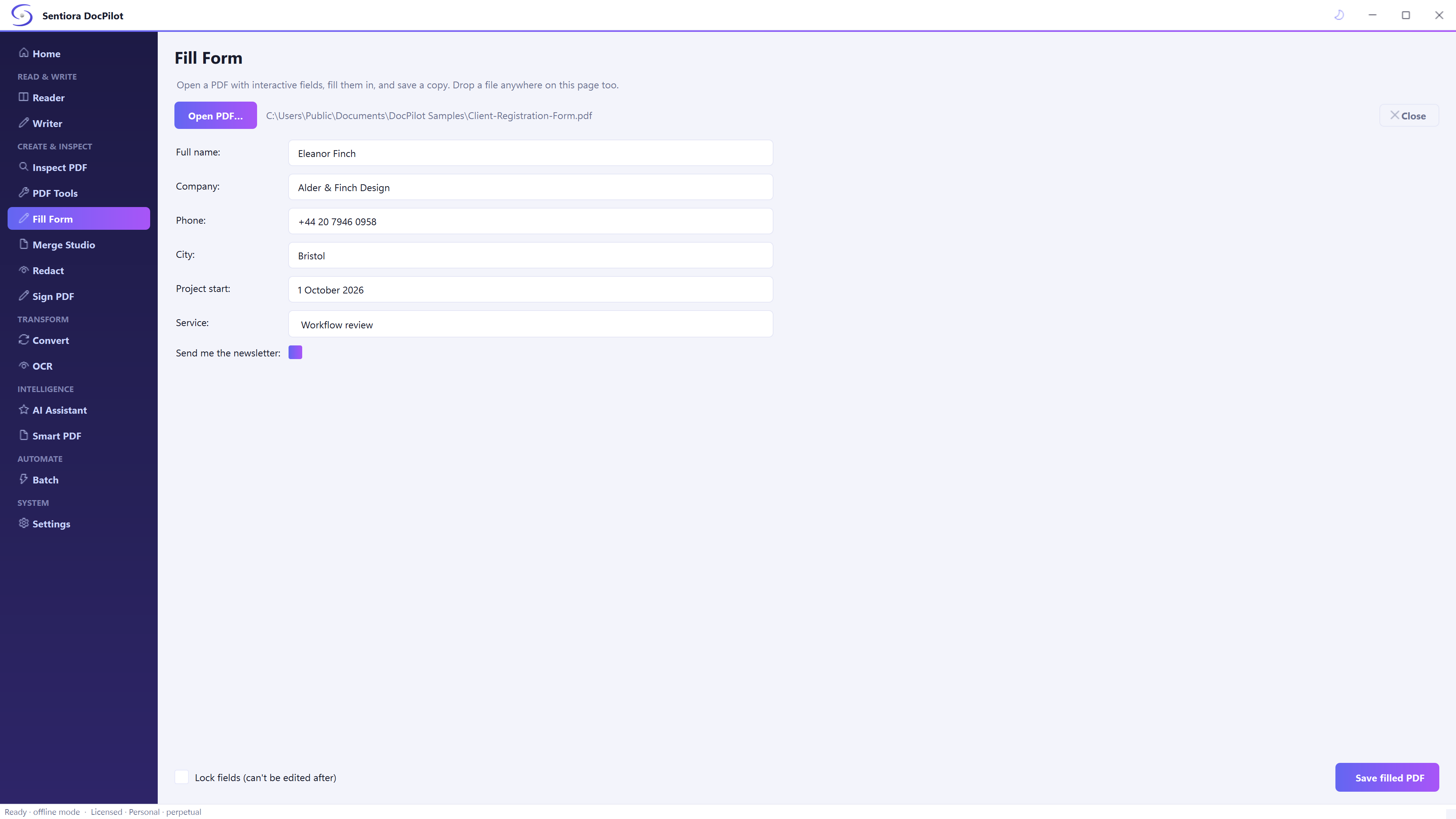 Fill Form showing a client registration form filled in: full name Eleanor Finch, company Alder & Finch Design, a phone number, city Bristol, project start 1 October 2026, service Workflow review and a newsletter tick box, with Lock fields and Save filled PDF.