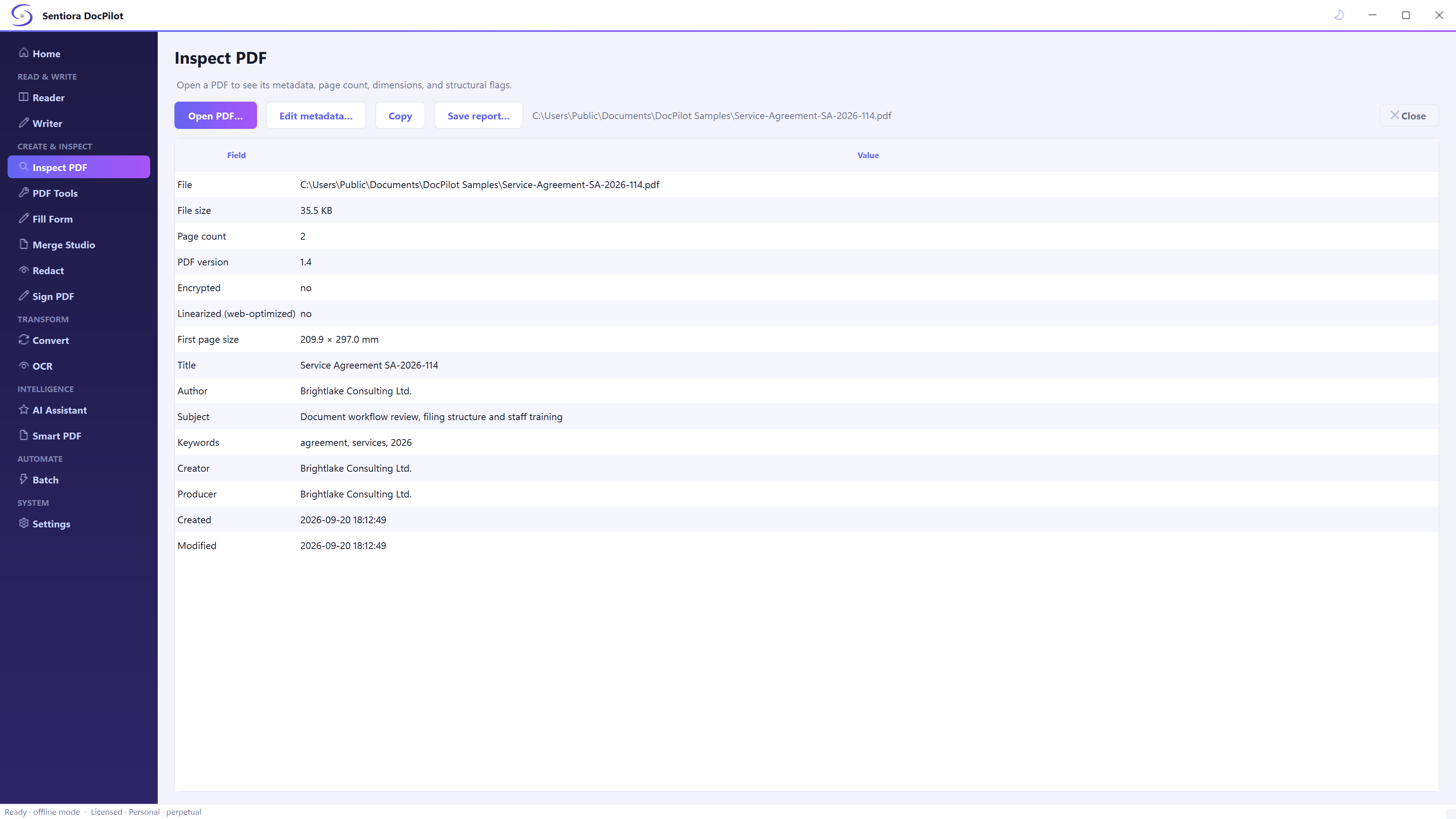 Inspect PDF listing a service agreement: 35.5 KB, 2 pages, PDF version 1.4, not encrypted, not linearised, 209.9 by 297 millimetres, with title, author Brightlake Consulting, subject, keywords, creator, producer and dates.
