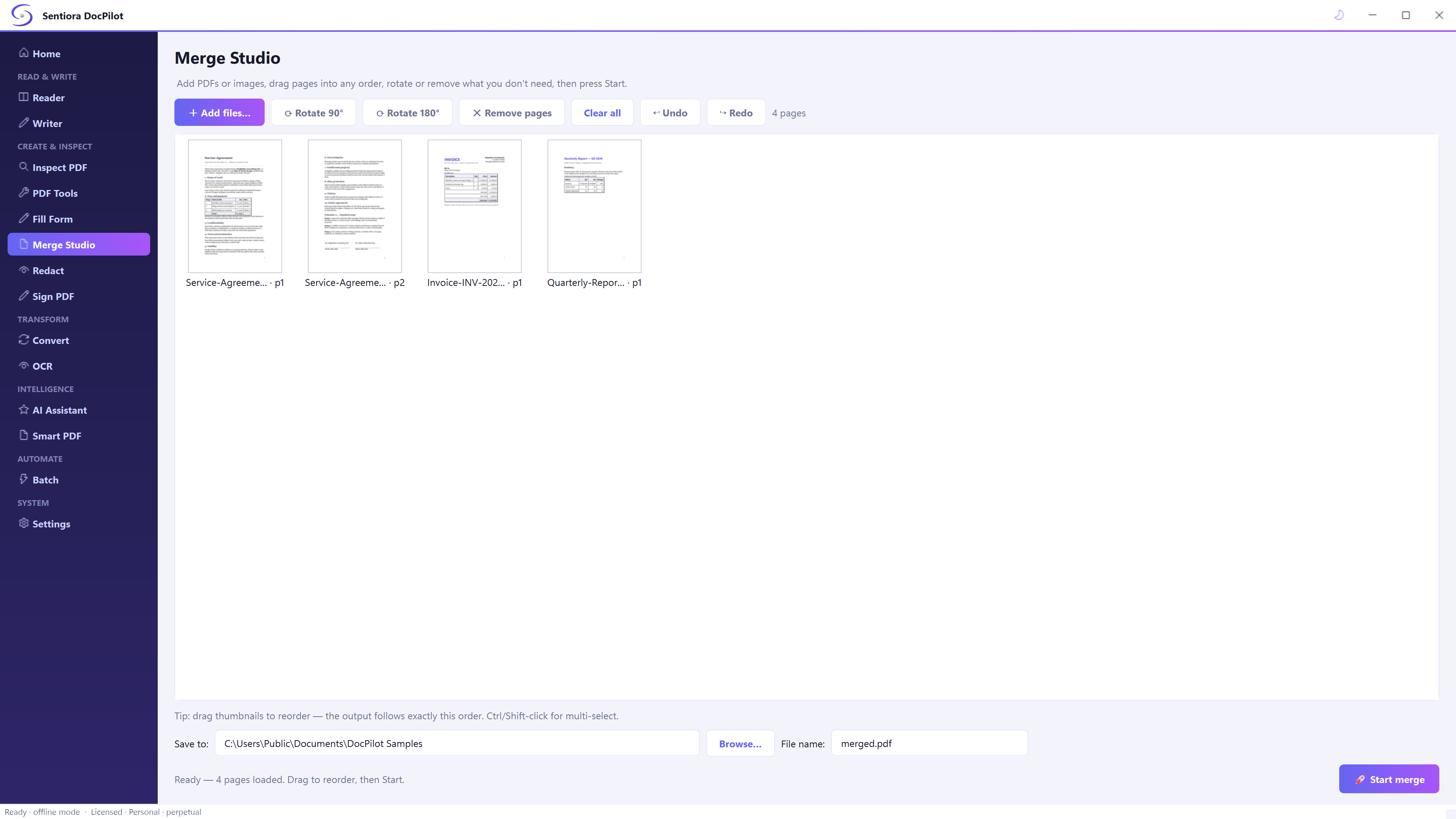 Merge Studio with four pages from a service agreement, an invoice and a quarterly report as thumbnails, buttons to add files, rotate, remove, clear, undo and redo, a save folder, the file name merged.pdf and Start merge.