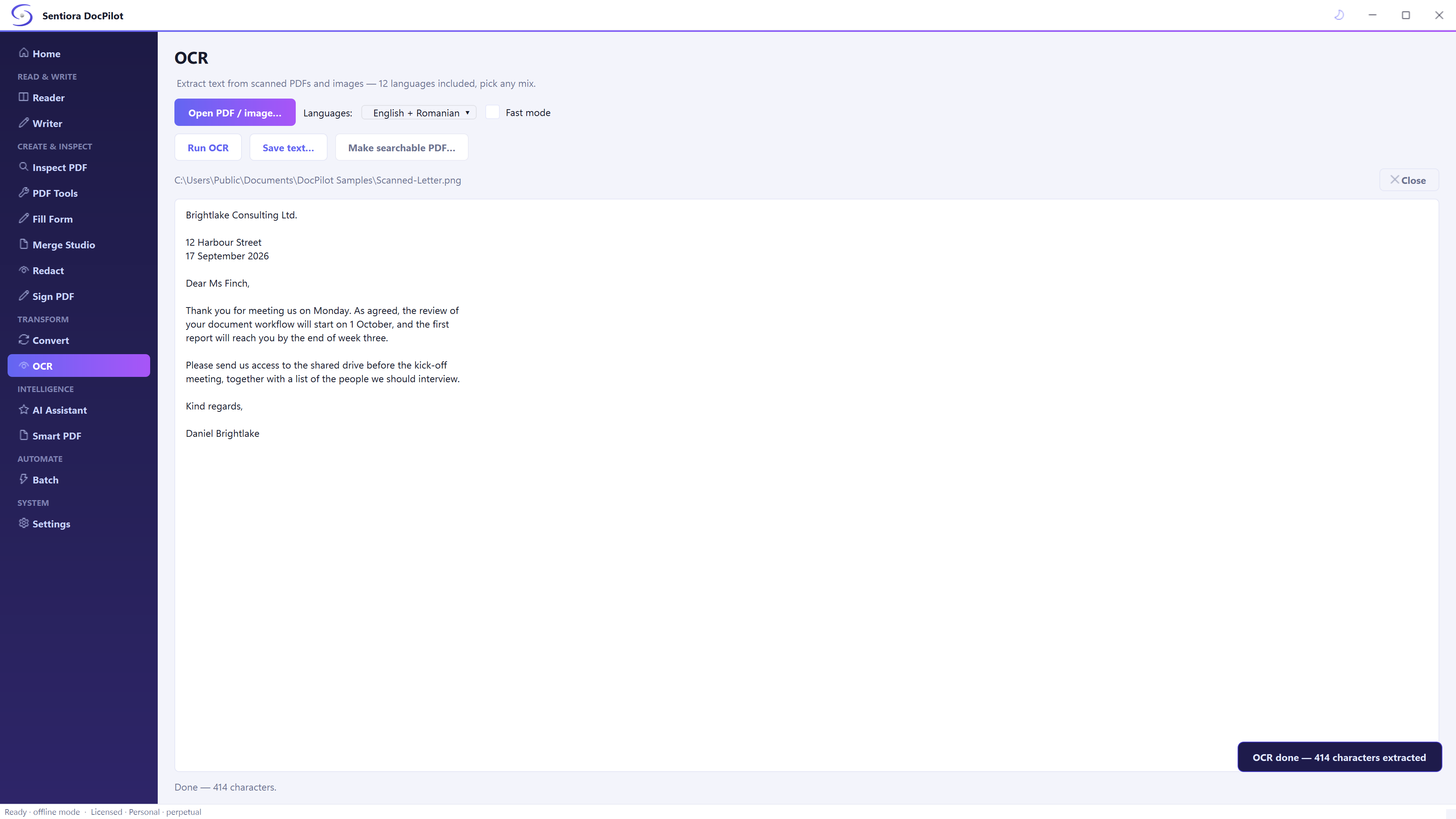 OCR with a scanned letter from Brightlake Consulting read into text, English and Romanian selected, run OCR, save text and make searchable PDF buttons, and a notice: OCR done, 414 characters extracted.