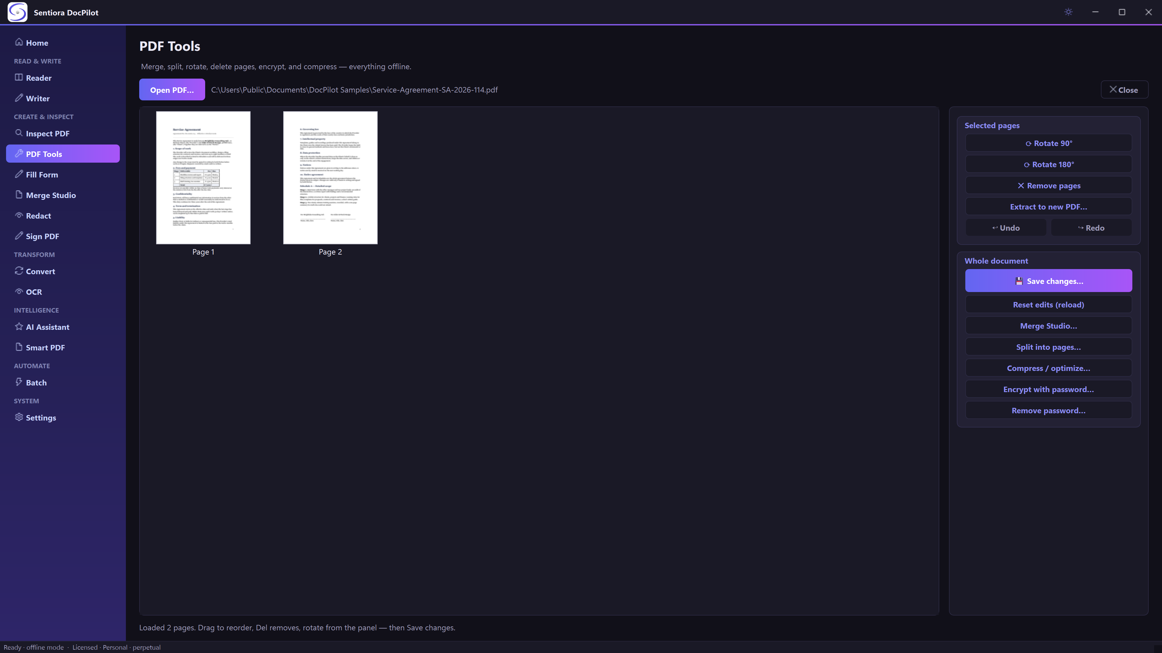 PDF Tools in the dark theme with the two pages of a service agreement as thumbnails, a panel for the selected pages with rotate 90, rotate 180, remove, extract, undo and redo, and a panel for the whole document with save changes, reset edits, Merge Studio, split, compress, encrypt and remove password.