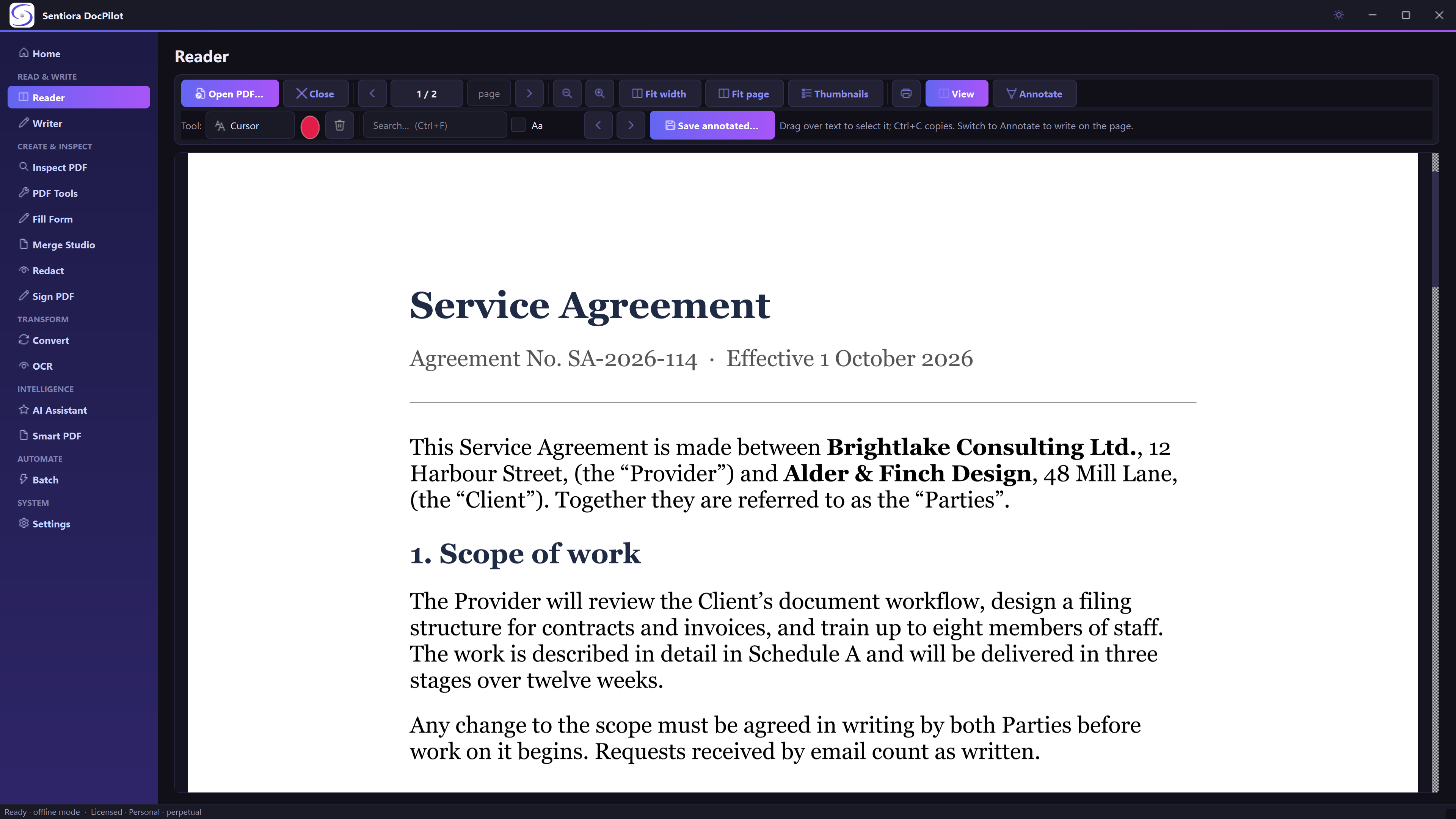 The Sentiora Files Reader in the dark theme, showing page one of a two-page service agreement between Brightlake Consulting and Alder & Finch Design, with page navigation, fit width, fit page, thumbnails, view and annotate buttons, a search box and Save annotated.