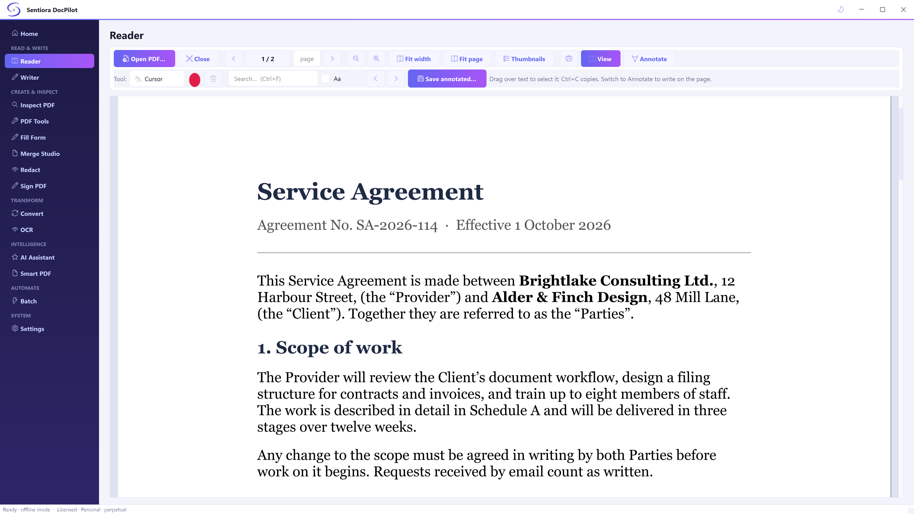 The Sentiora Files Reader in the light theme showing page one of a service agreement, with open, close, page navigation, fit width, fit page, thumbnails, view and annotate buttons, a colour, a search box and Save annotated.