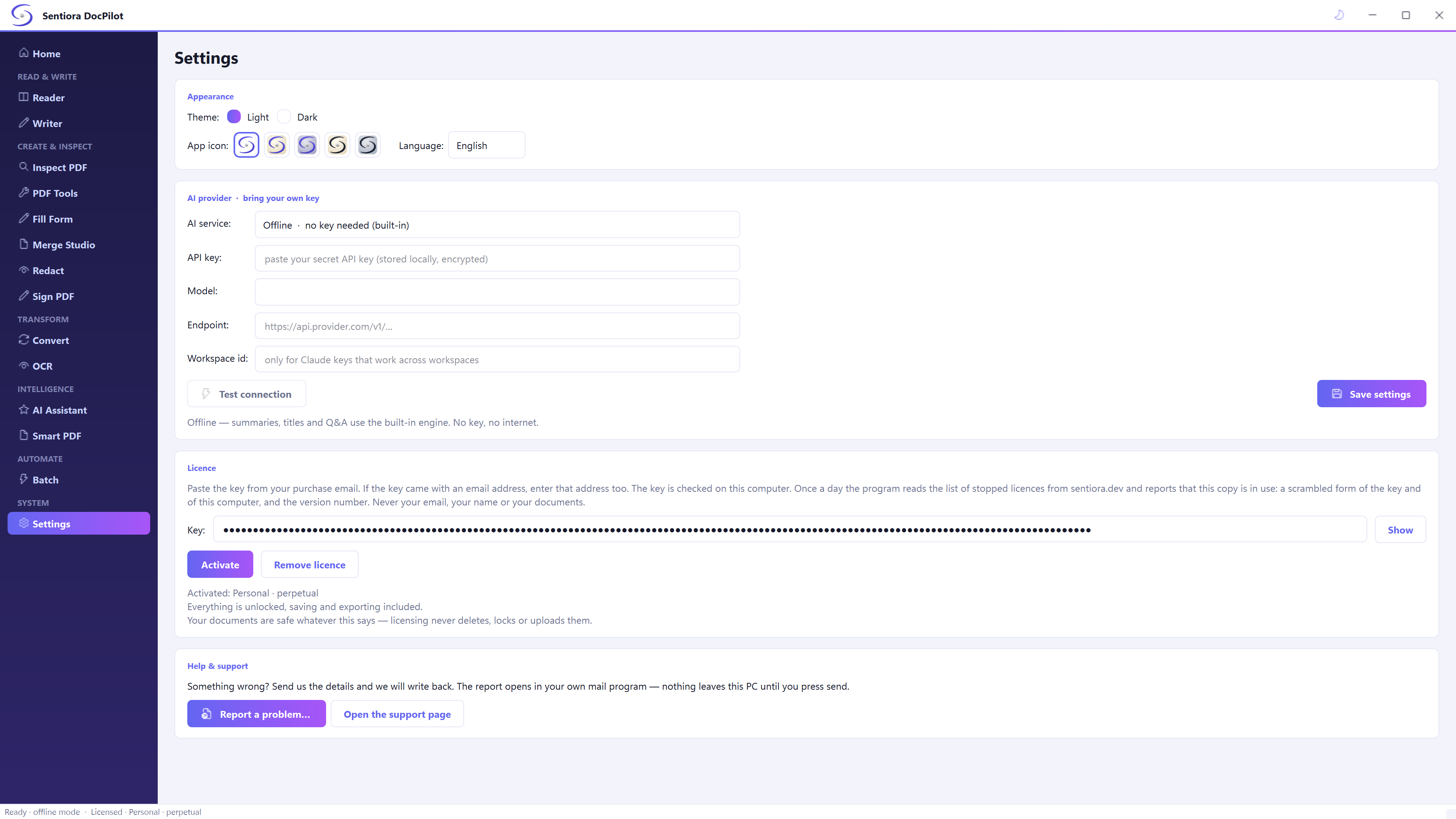 Settings with light and dark themes, five app icons and the language, an AI provider section set to offline with fields for key, model and endpoint, and a licence section with the key hidden behind dots, activated Personal, perpetual.