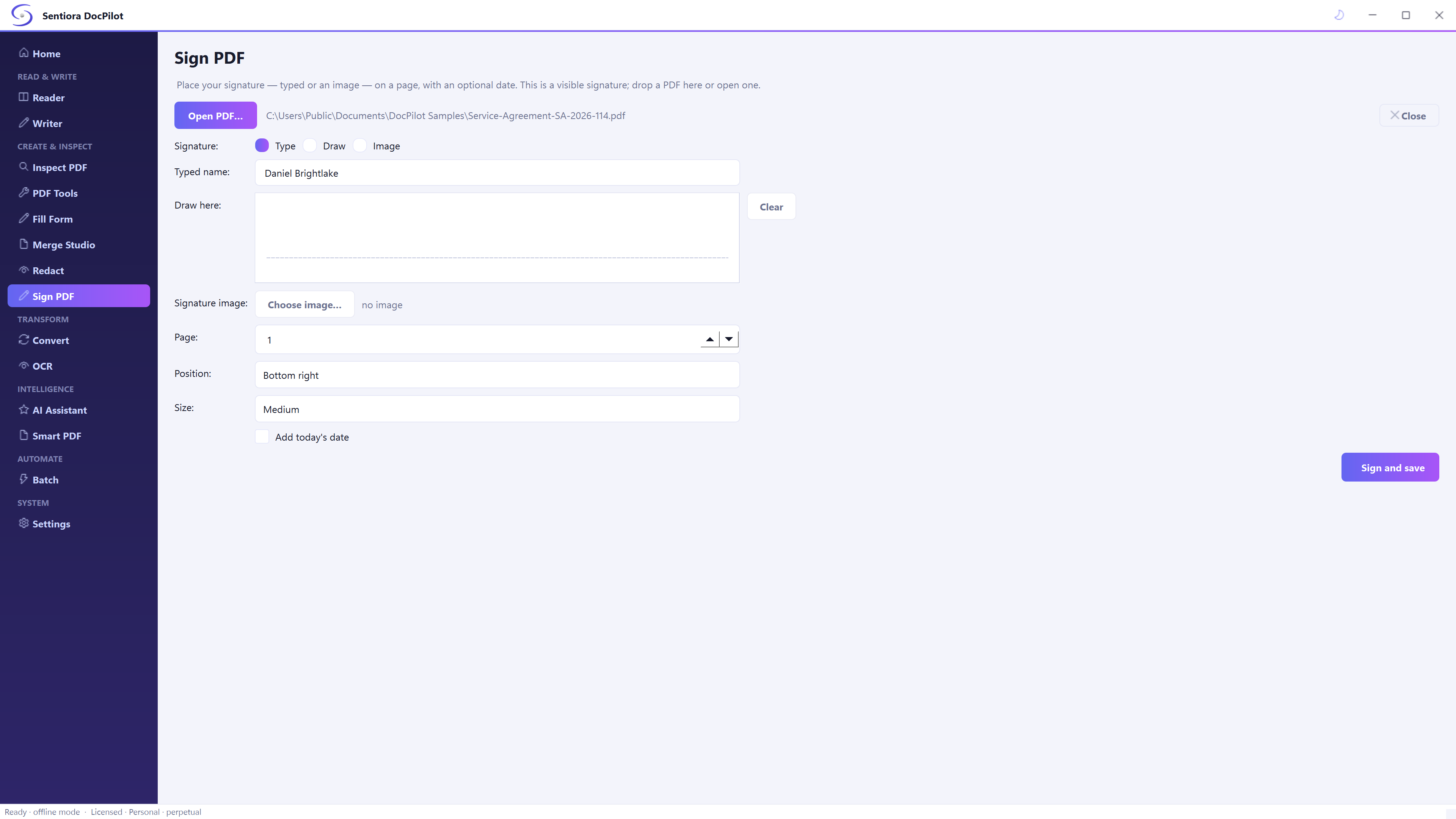 Sign PDF with a typed signature, Daniel Brightlake, options to draw it or use an image, page 1, position bottom right, size medium, an add today's date tick box and Sign and save.