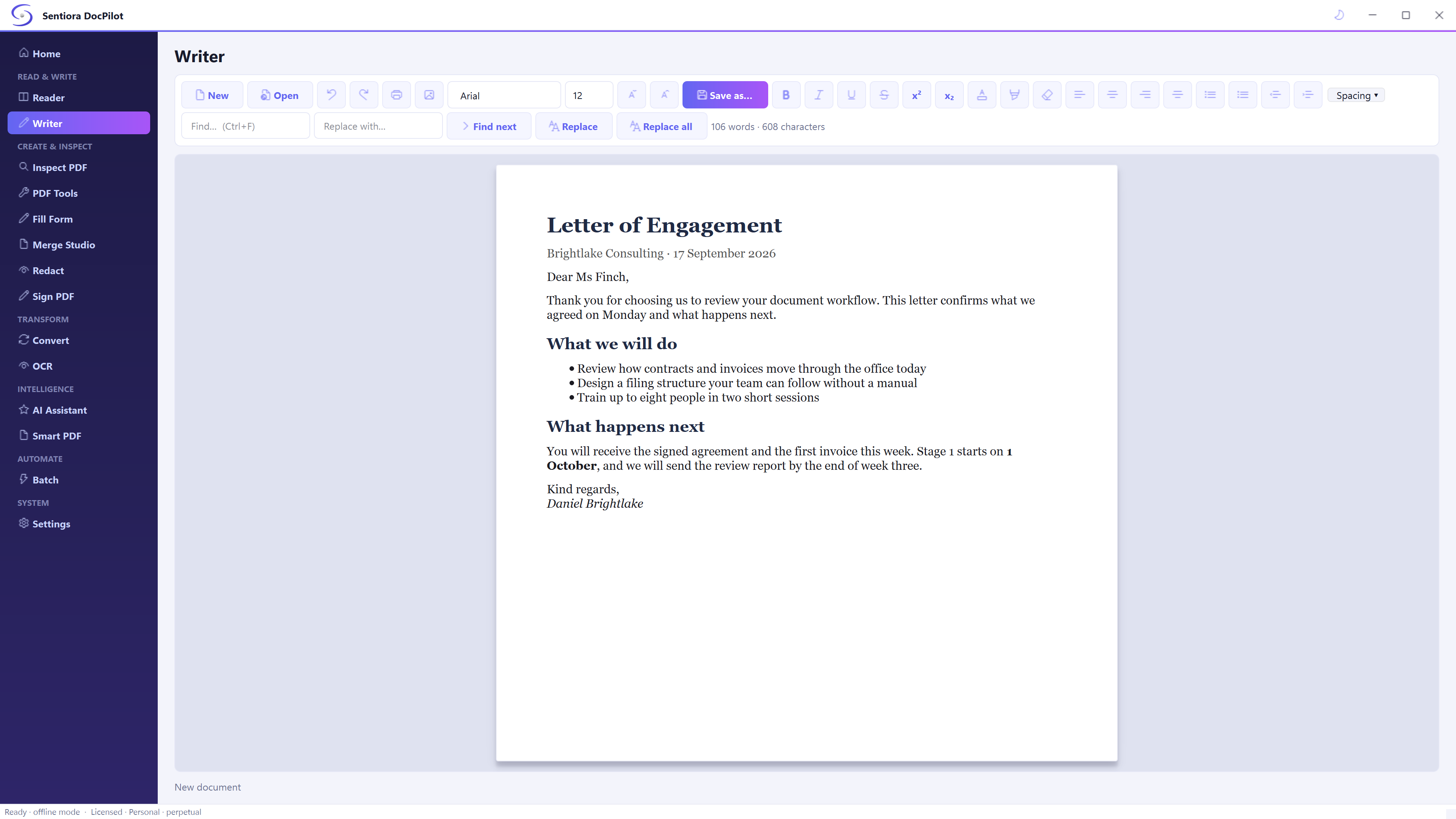 The Sentiora Files Writer with a letter of engagement from Brightlake Consulting on the page, a formatting toolbar, find and replace fields and a count of 106 words and 608 characters.