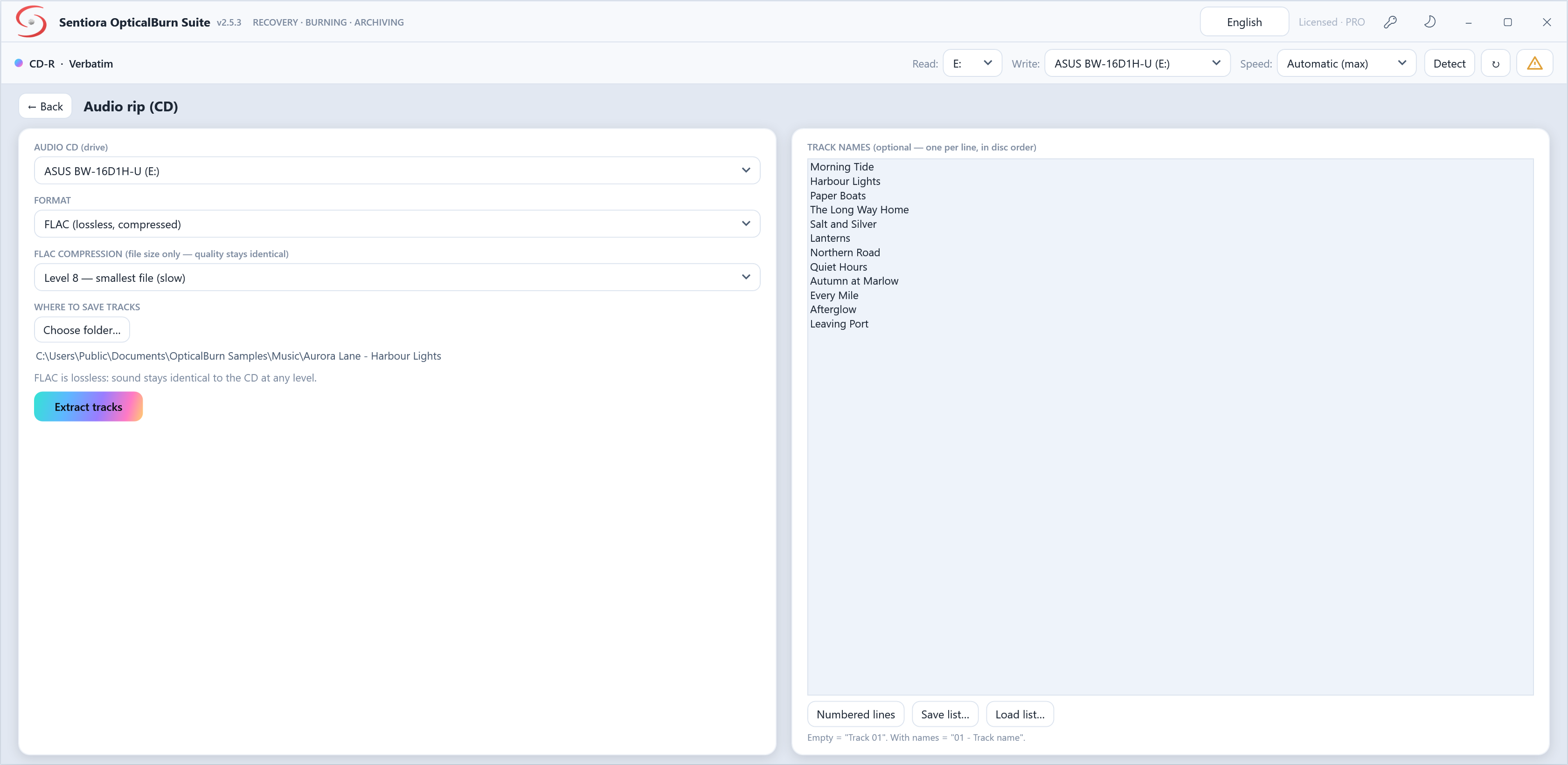 Audio rip from a CD with FLAC at level 8, a folder for the tracks, Extract tracks, and a panel of twelve track names typed one per line with numbered lines, save list and load list.