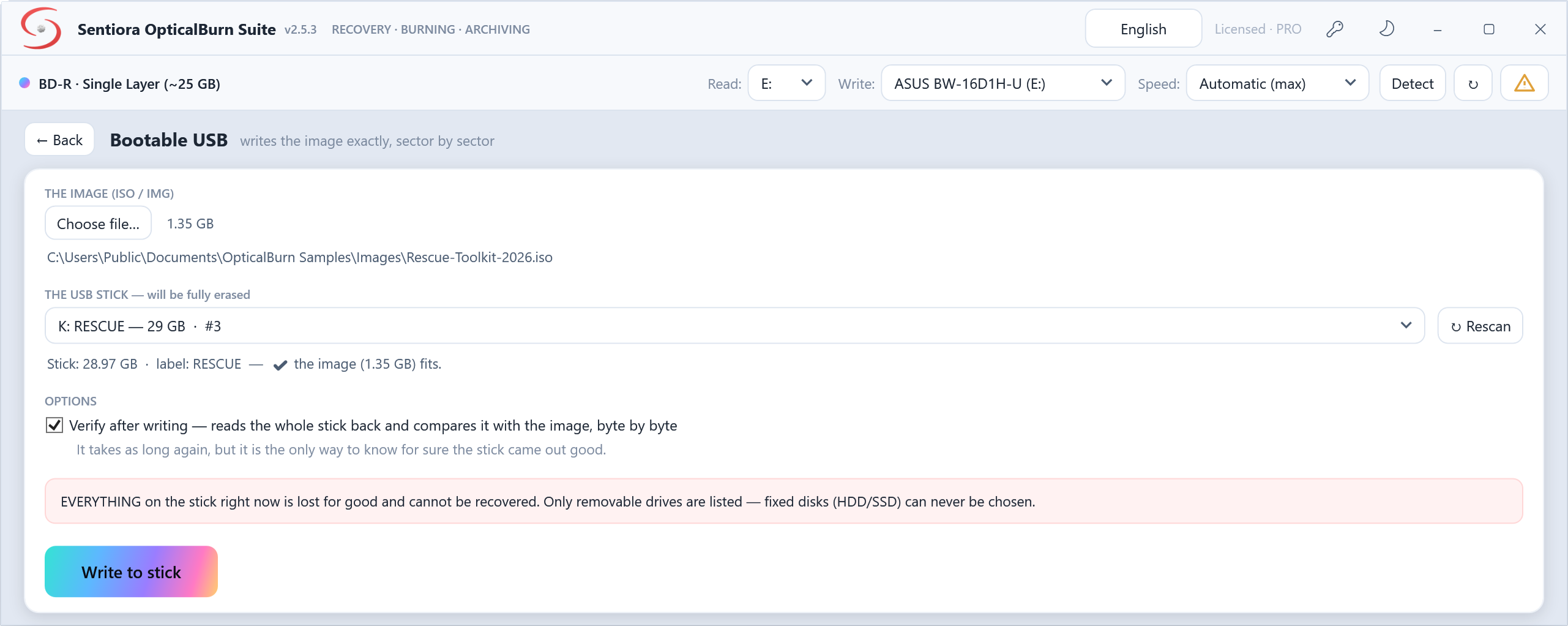 Bootable USB with a 1.35 GB rescue toolkit image, a 29 GB stick named RESCUE that fits it, verify after writing ticked, a warning that everything on the stick is lost and only removable drives are listed, and Write to stick.