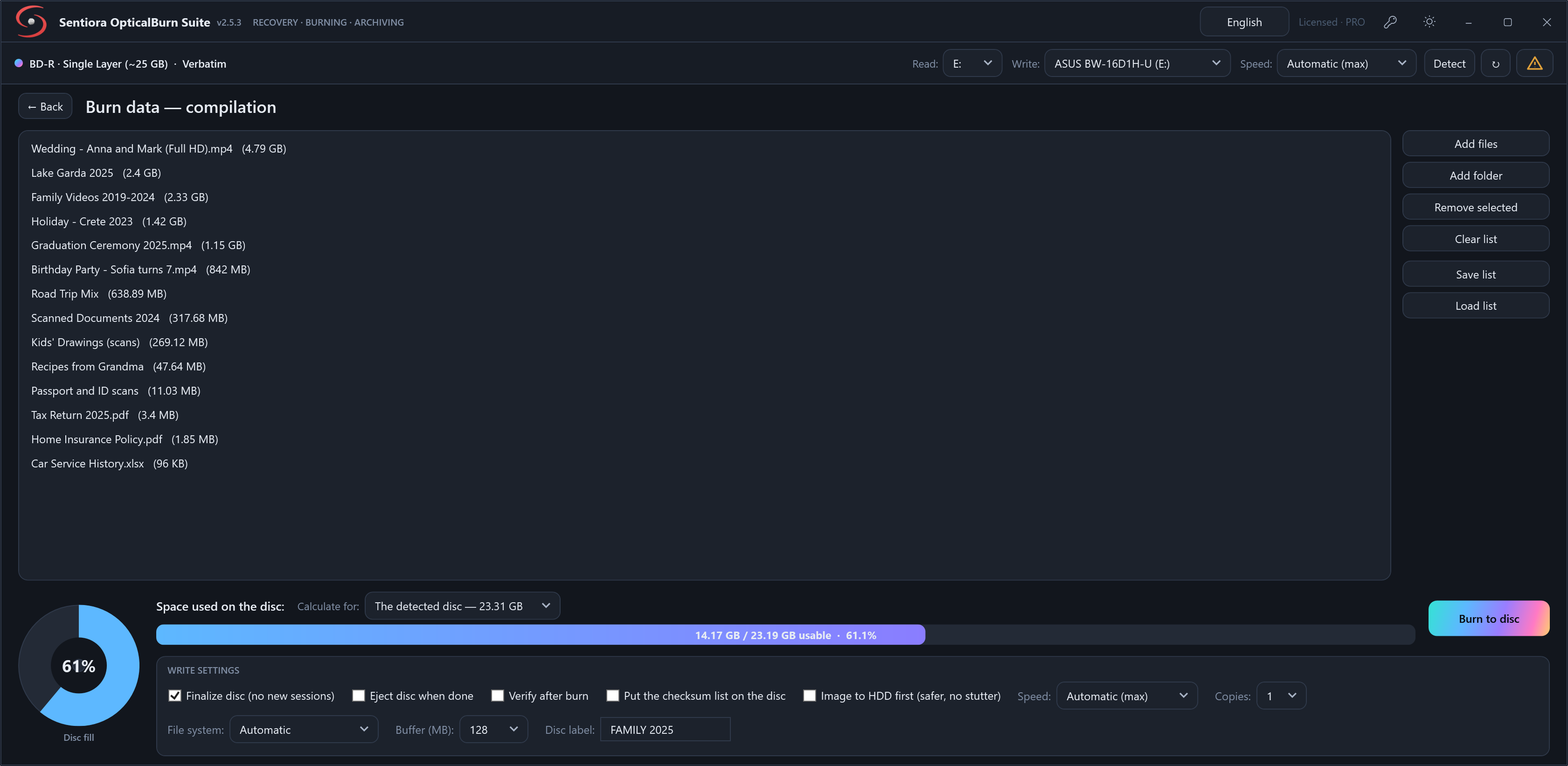 Burn data in the dark theme: a compilation of fifteen files from a wedding video to a spreadsheet, the disc 61 percent full at 14.17 GB of 23.19 GB usable, and write settings for finalise, eject, verify after burn, checksum list, image to HDD first, speed, copies, file system, buffer and disc label.