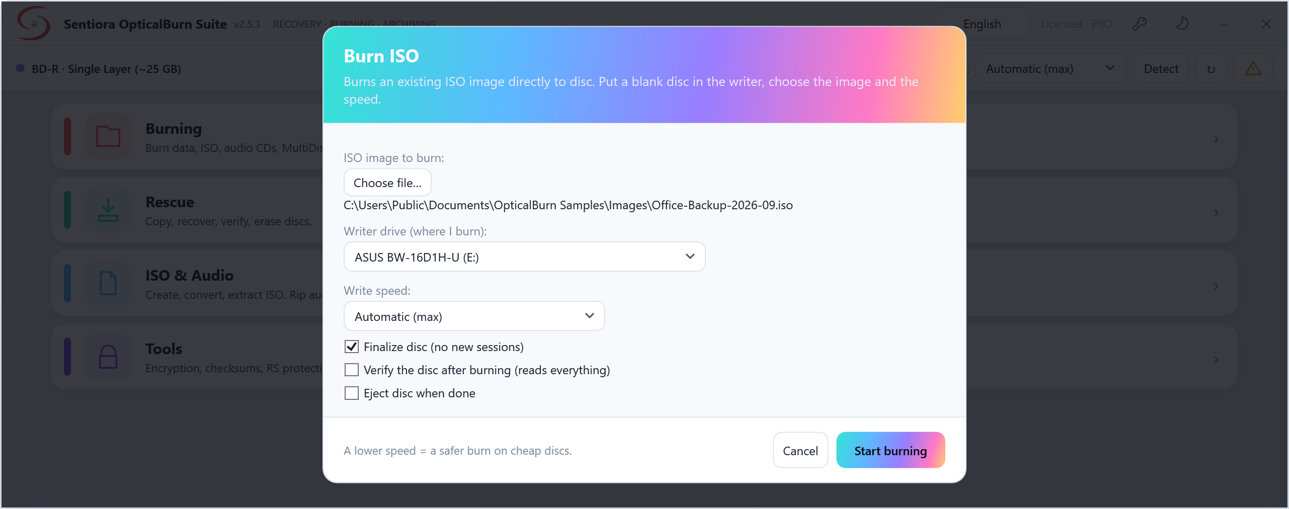Burn ISO dialog with an office backup image chosen, the ASUS writer, automatic speed, finalise disc ticked, options to verify the whole disc after burning and eject it, and Start burning.