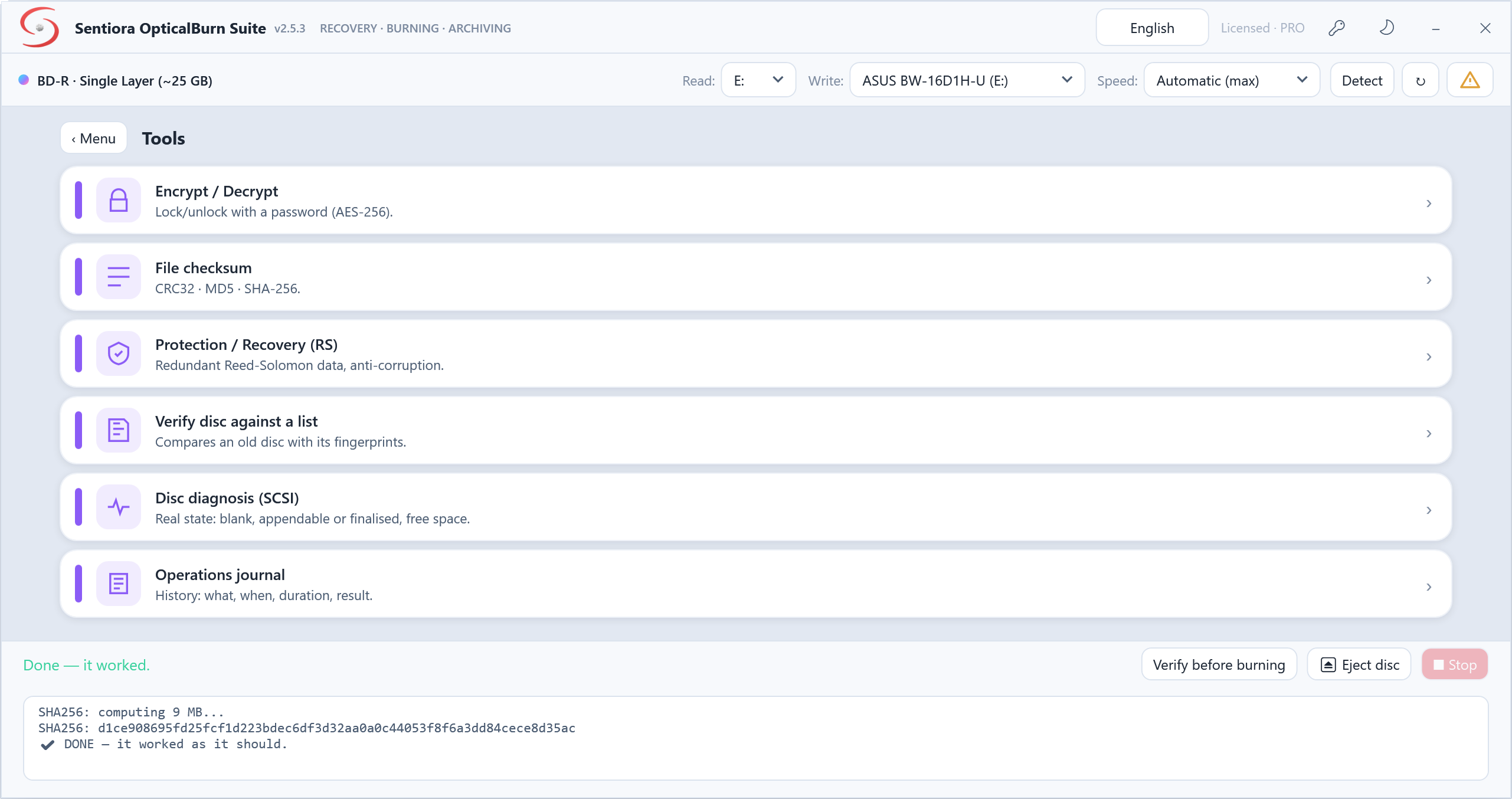 The Tools menu with a finished file checksum: a SHA-256 fingerprint computed, done, it worked as it should.