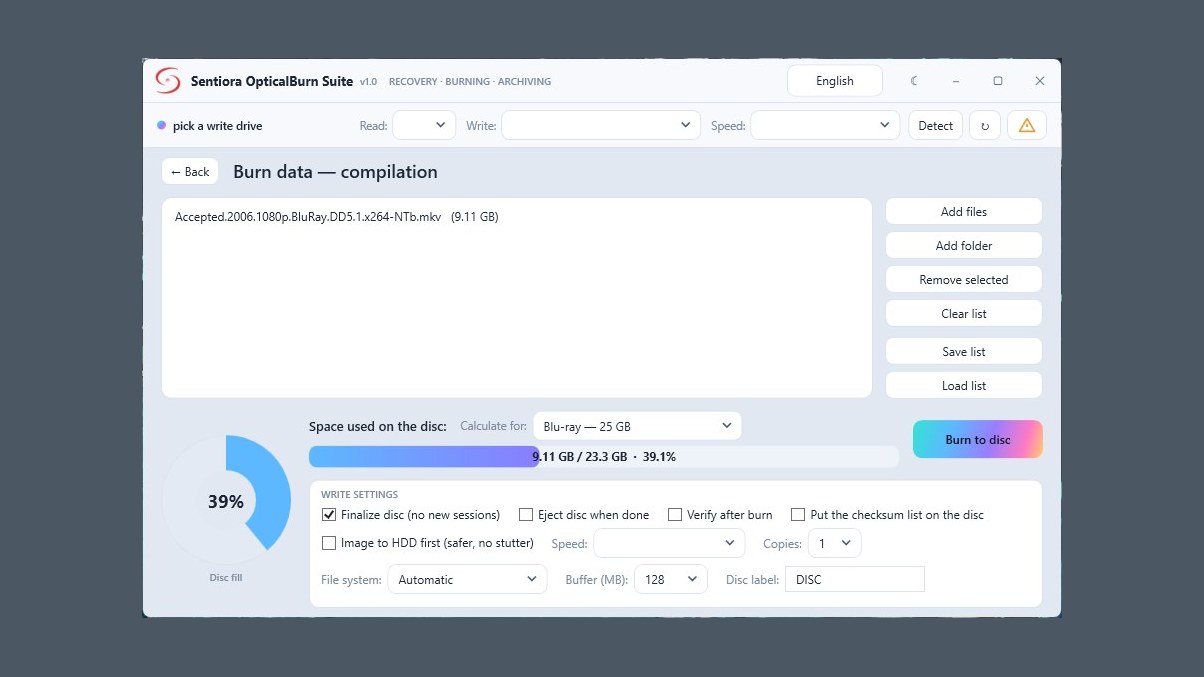 The data compilation screen with a file list, disc fill gauge and the write settings.