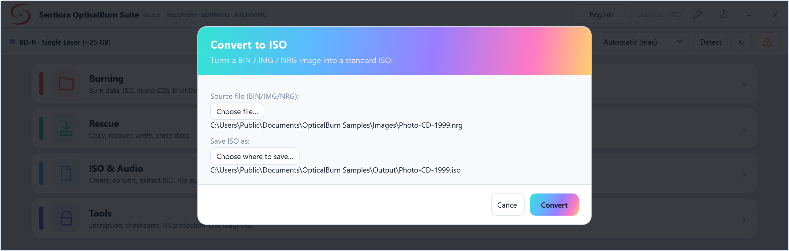 Convert to ISO dialog turning a Nero NRG image, Photo-CD-1999.nrg, into Photo-CD-1999.iso.