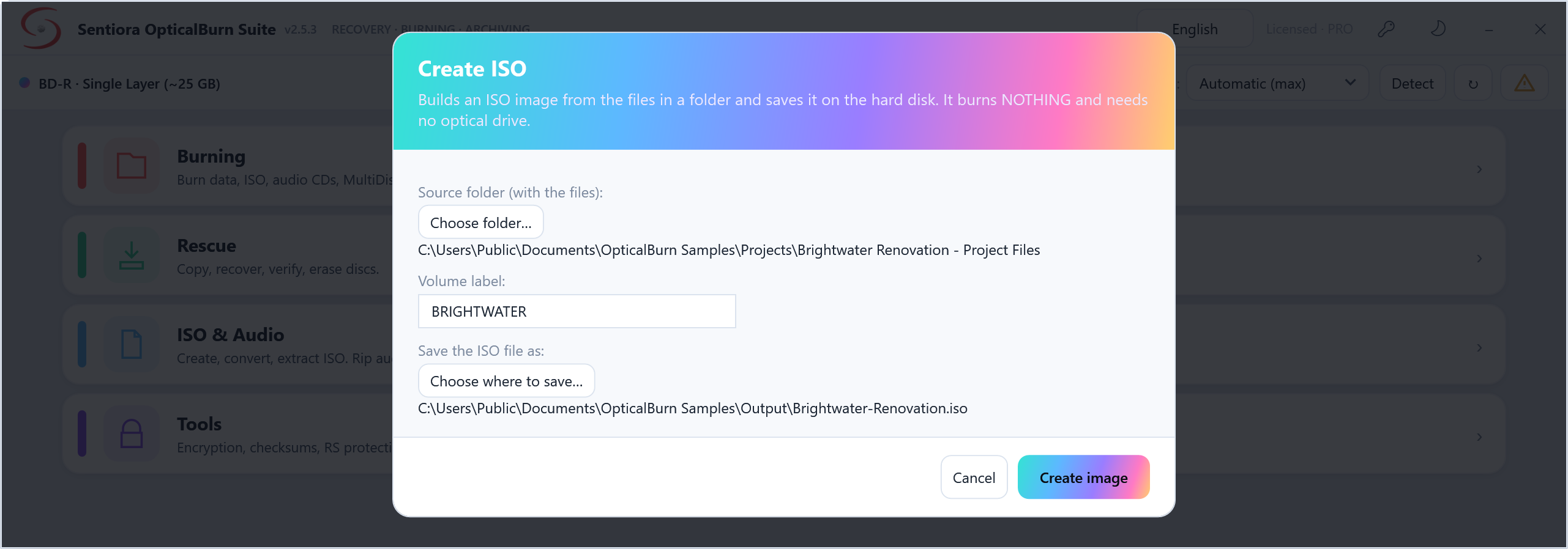 Create ISO dialog with a project folder as the source, the volume label BRIGHTWATER and the ISO saved to an output folder.