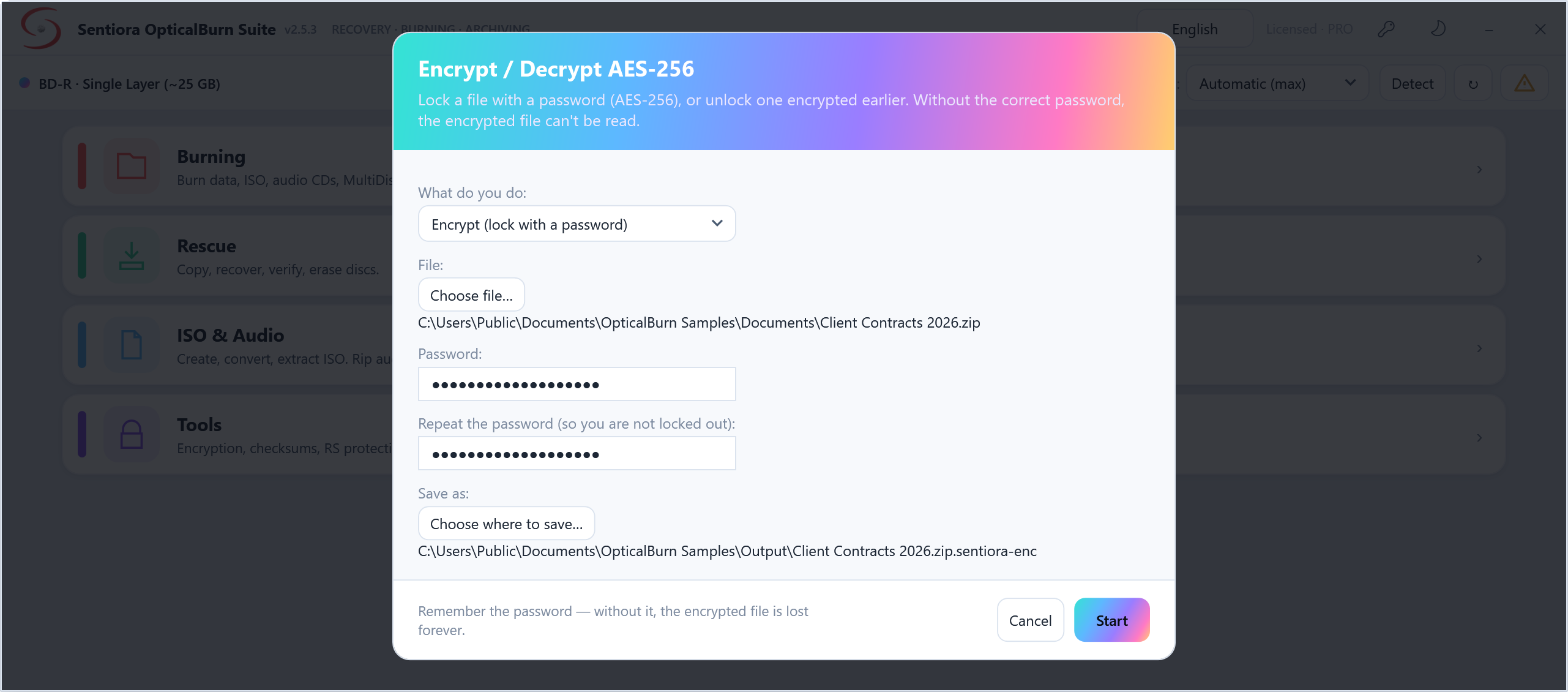 Encrypt / Decrypt AES-256 dialog encrypting Client Contracts 2026.zip with a hidden password typed twice and the result saved as a .sentiora-enc file.