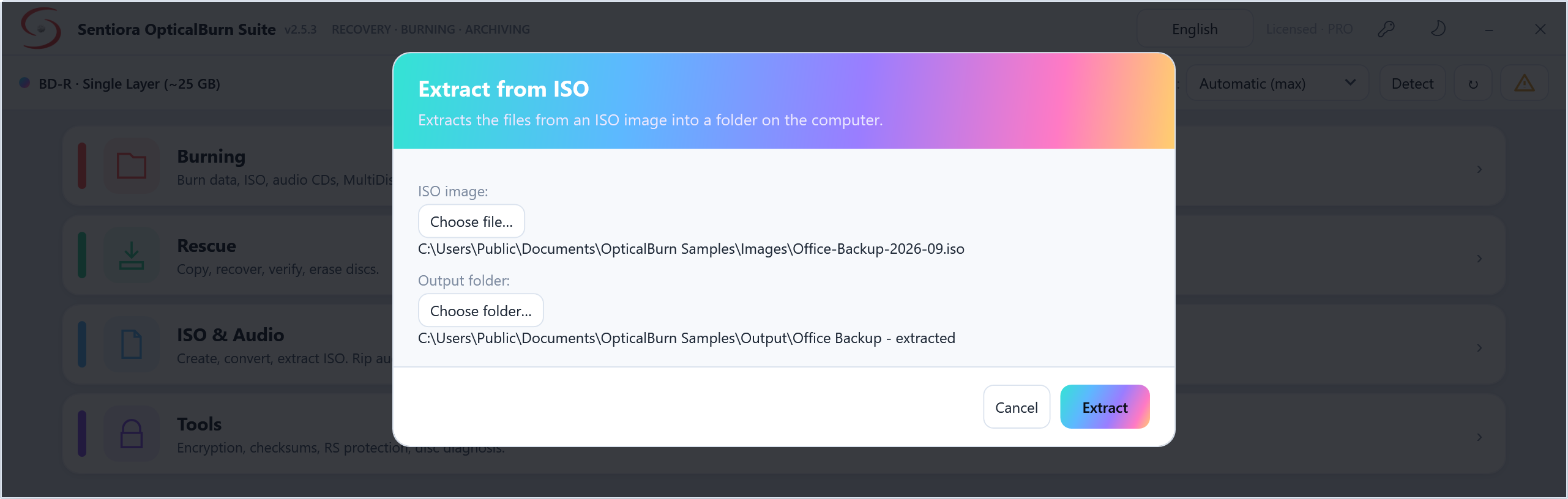 Extract from ISO dialog with an office backup image and an output folder for the extracted files.