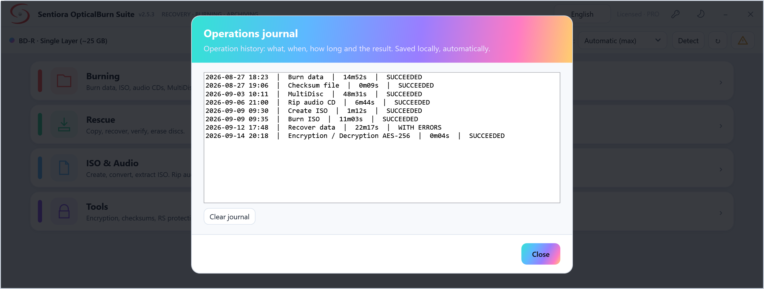 Operations journal listing jobs from 27 August to 14 September: burn data, checksum, MultiDisc, rip audio CD, create ISO, burn ISO, recover data with errors, and encryption, each with its duration and result.