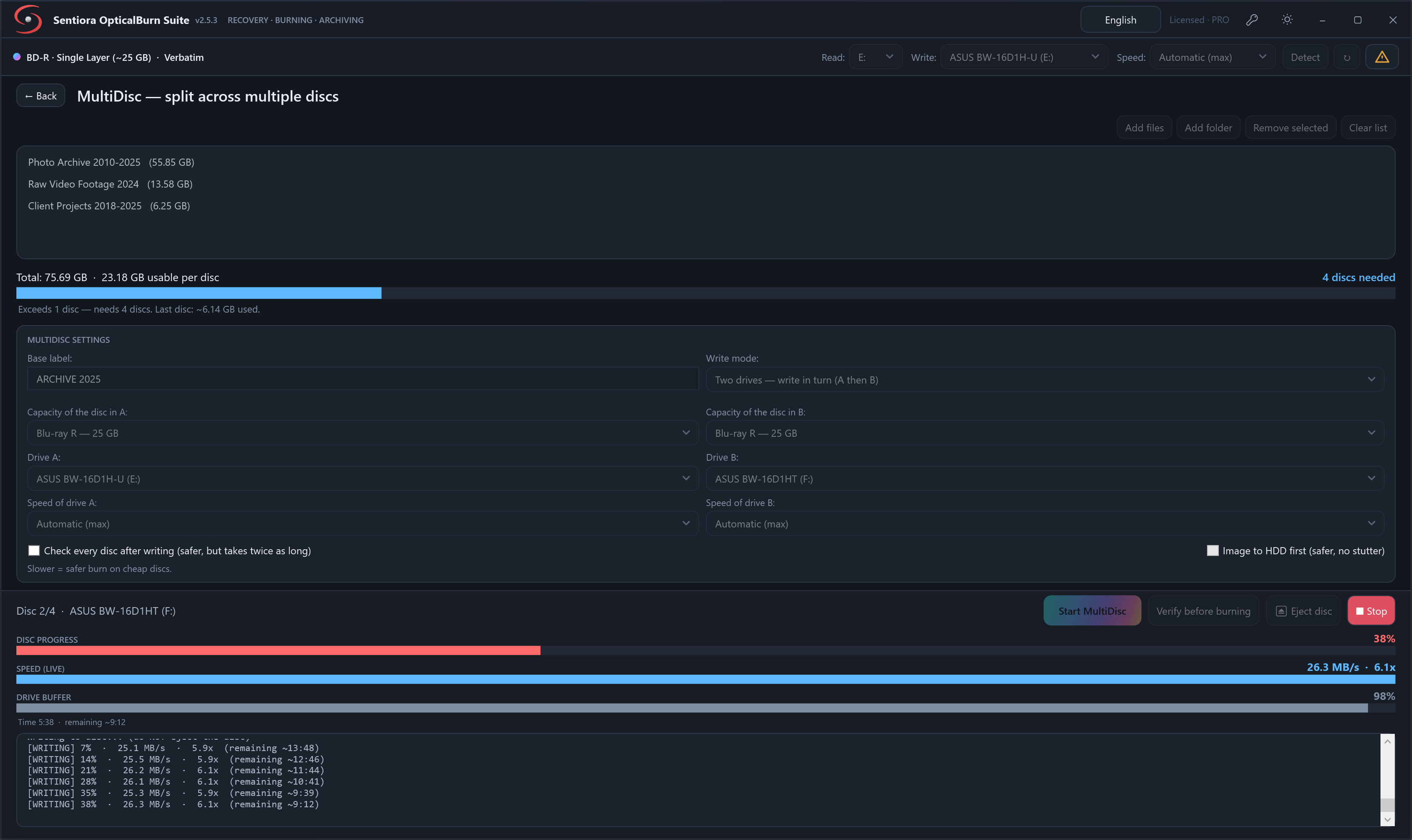 OpticalBurn Suite 2.5 in the dark theme running MultiDisc: a 75.69 GB archive needing four discs of 23.18 GB usable, two drives written in turn, disc 2 of 4 on the ASUS BW-16D1HT at 38 percent, 26.3 MB per second, drive buffer at 98 percent, and a live log.
