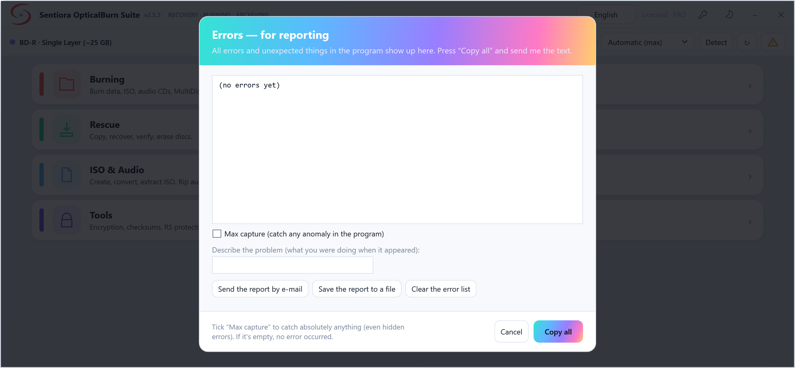 Errors for reporting with no errors yet, a max capture tick box, a box to describe the problem, and buttons to send the report by e-mail, save it to a file and clear the list.