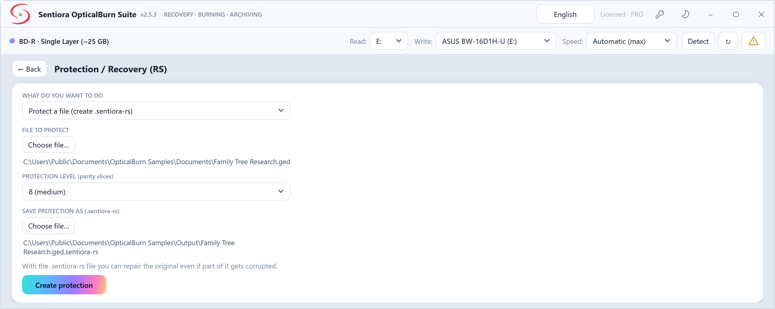 Protection / Recovery with protect a file selected, a family tree research file to protect, protection level 8 medium, and the .sentiora-rs file to save.