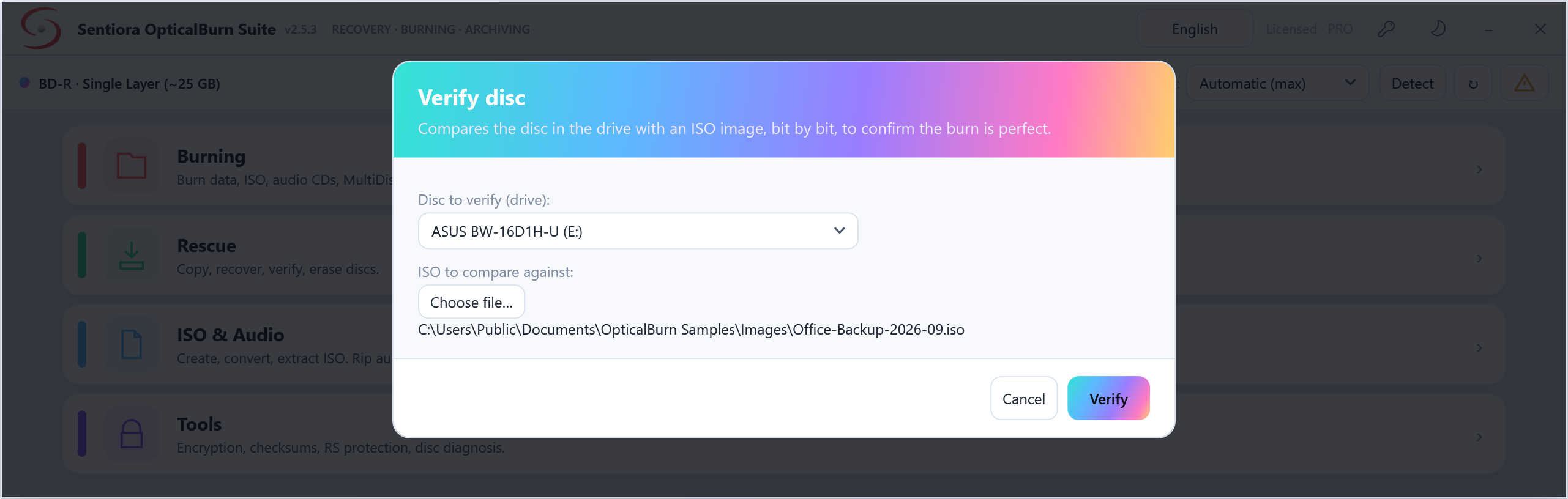 Verify disc dialog comparing the disc in the ASUS drive with an office backup ISO image, with Cancel and Verify.