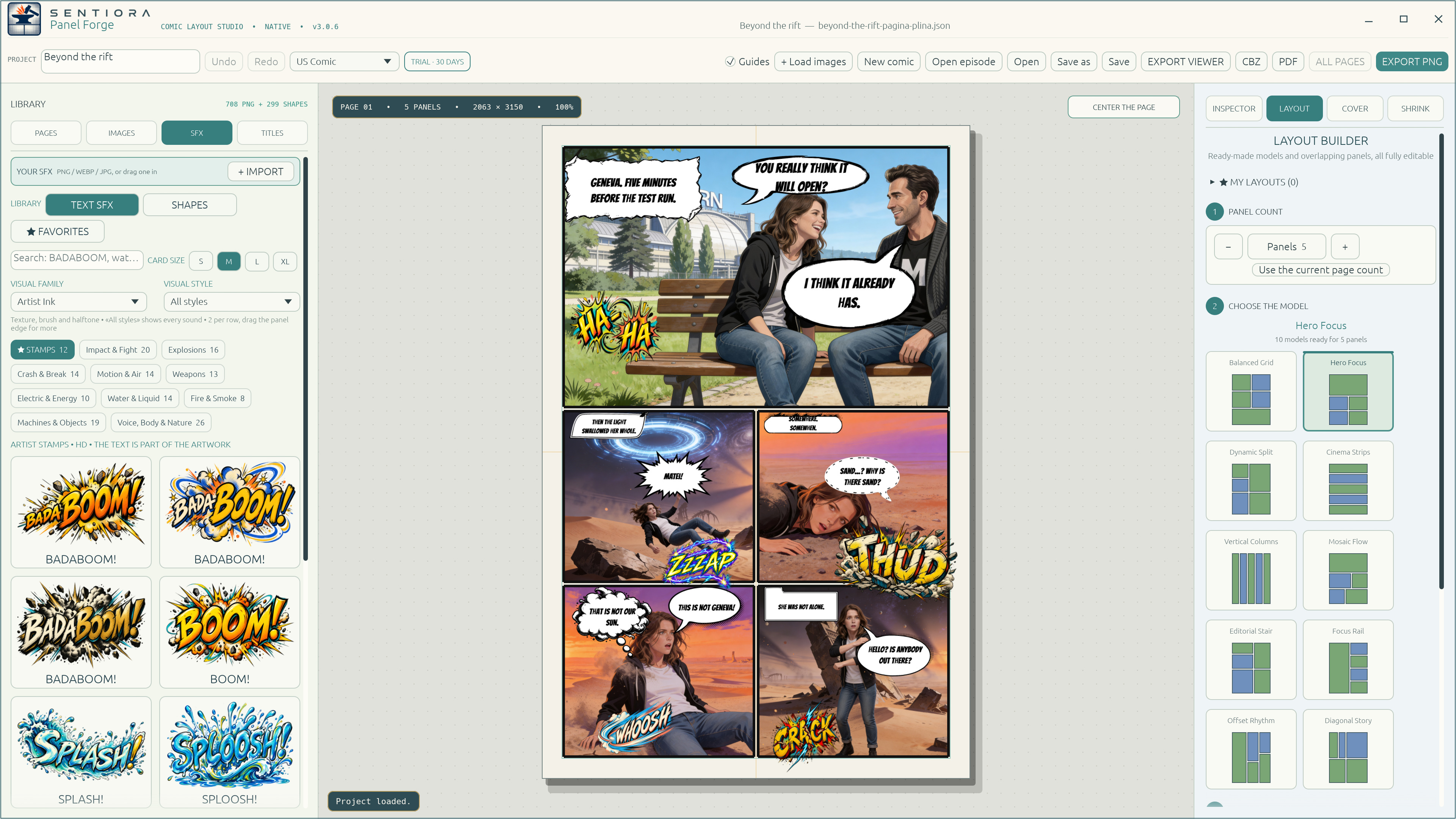 The layout builder showing ten page designs for five panels.