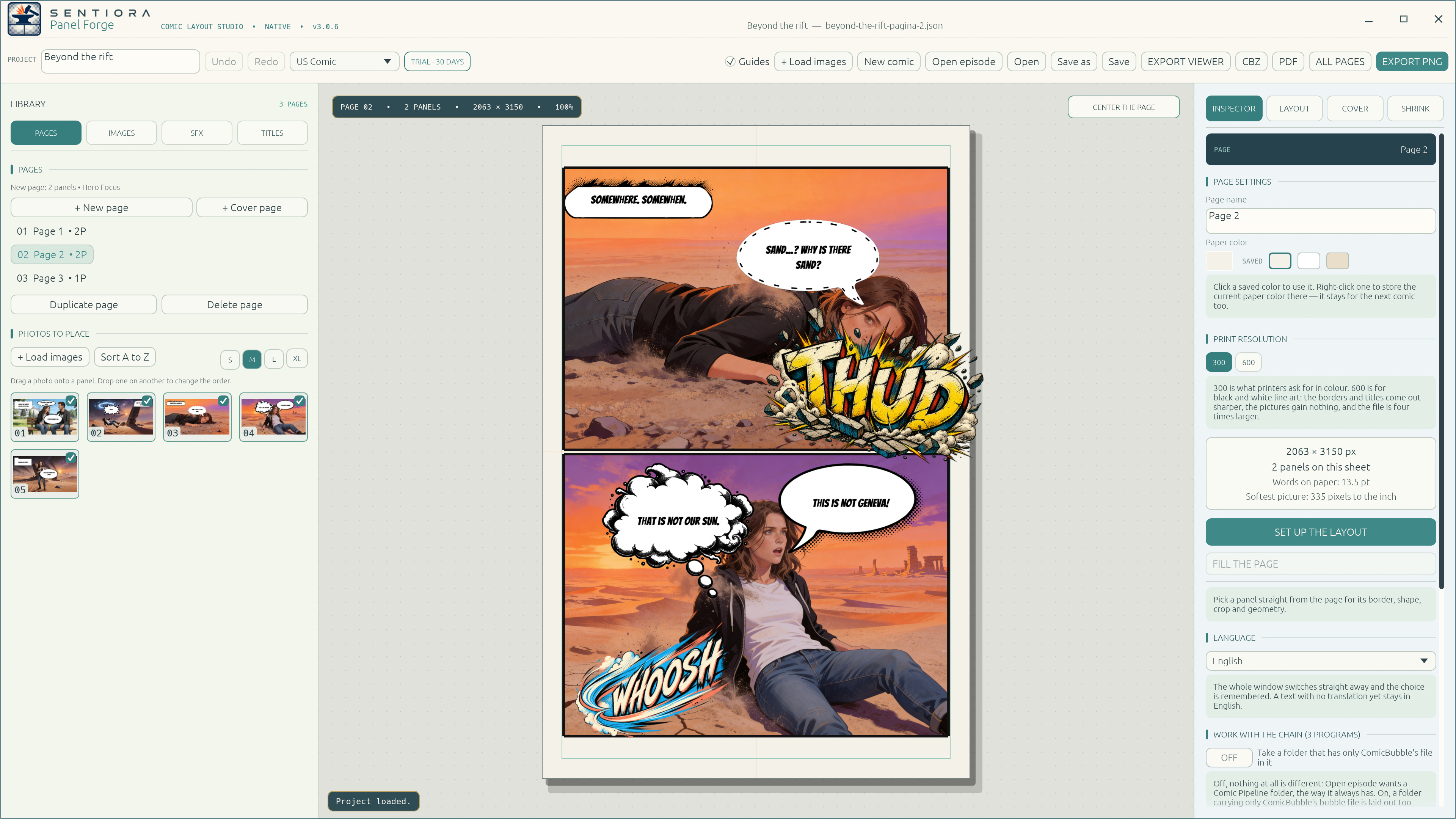 A two-panel page with THUD and WHOOSH effects and the print check in the inspector.