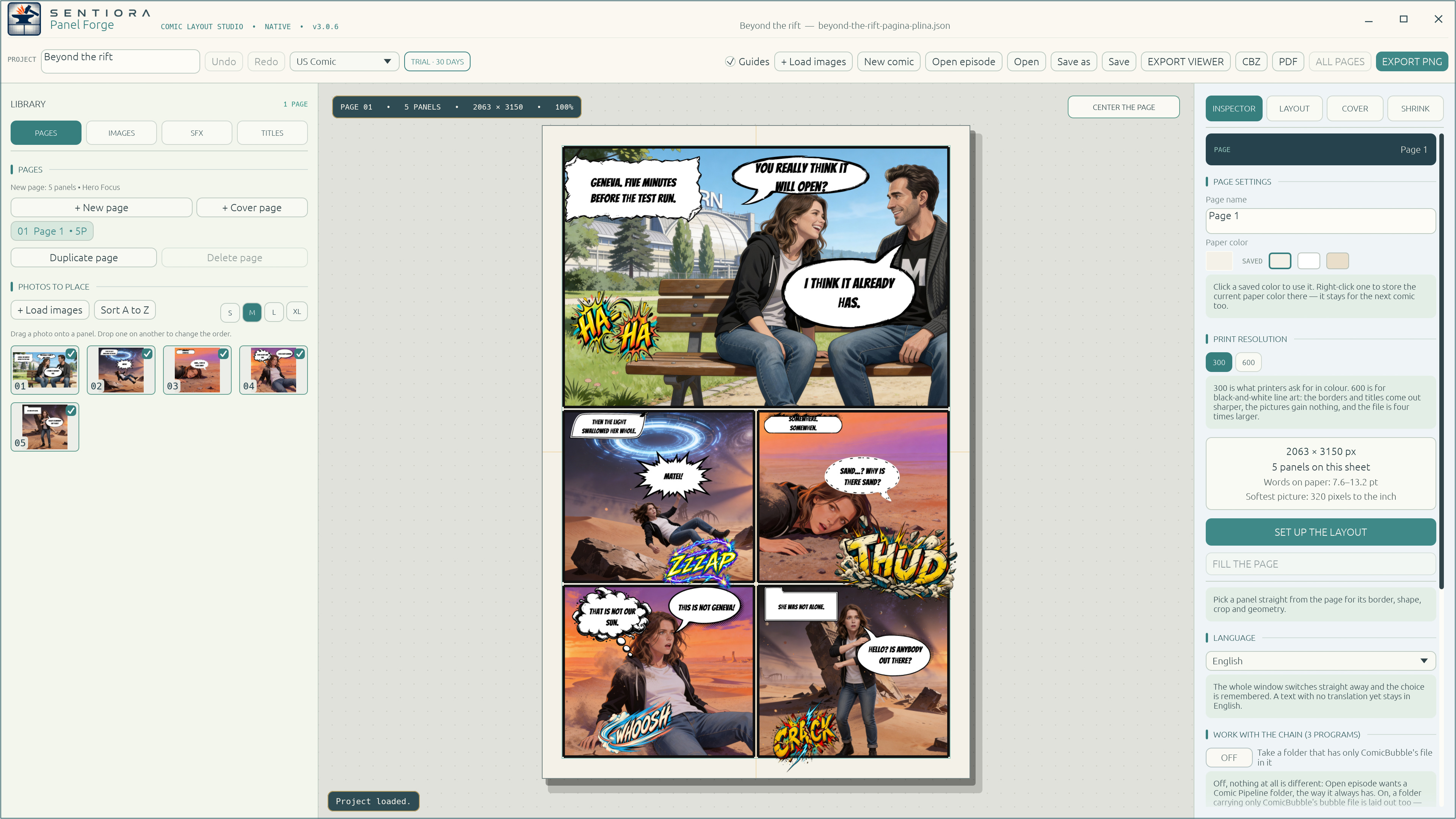 Panel Forge showing a full comic page of five lettered panels with drawn sound effects.
