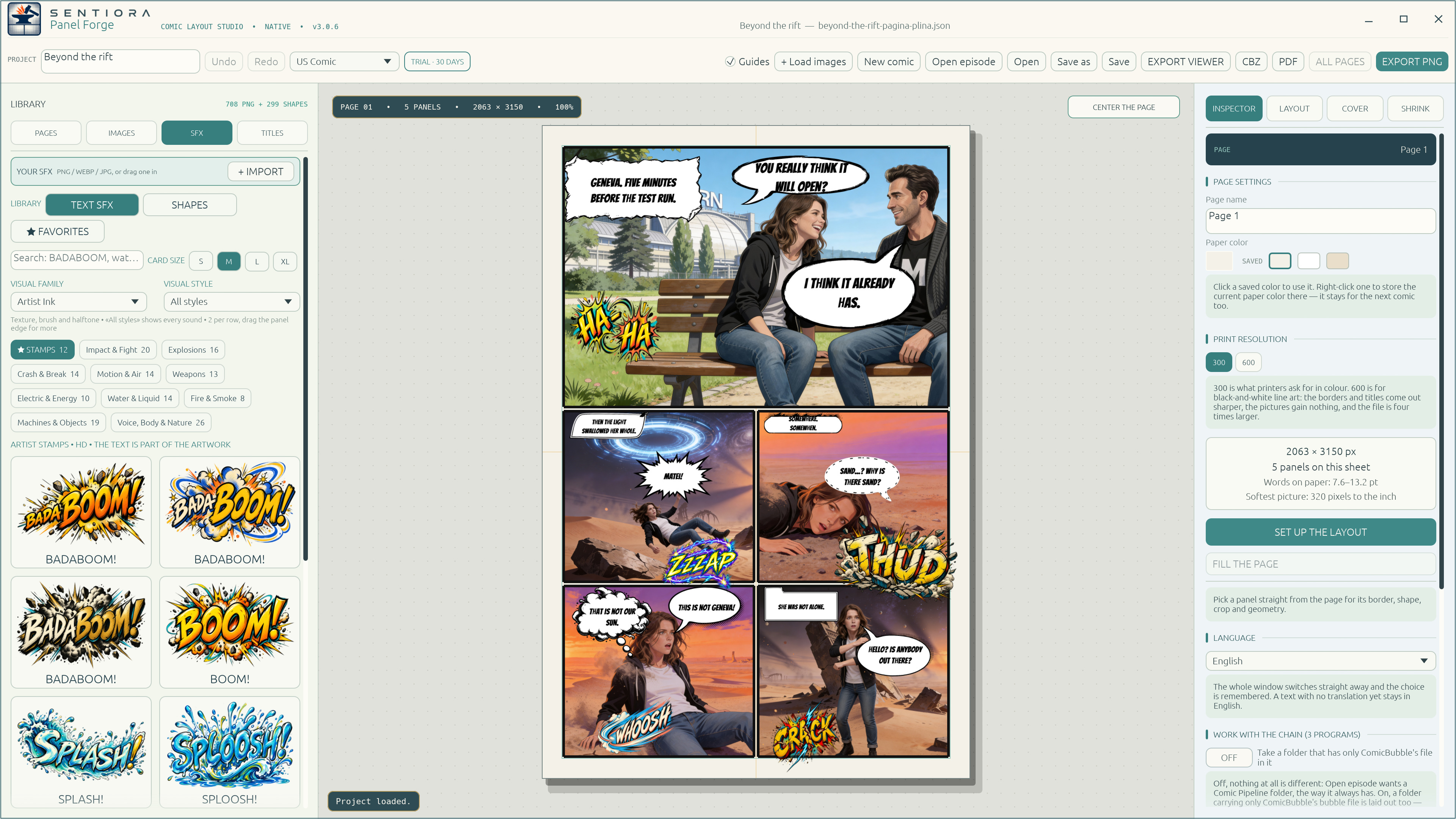 The sound effects library with BADABOOM, BOOM, SPLASH and SPLOOSH next to a comic page.