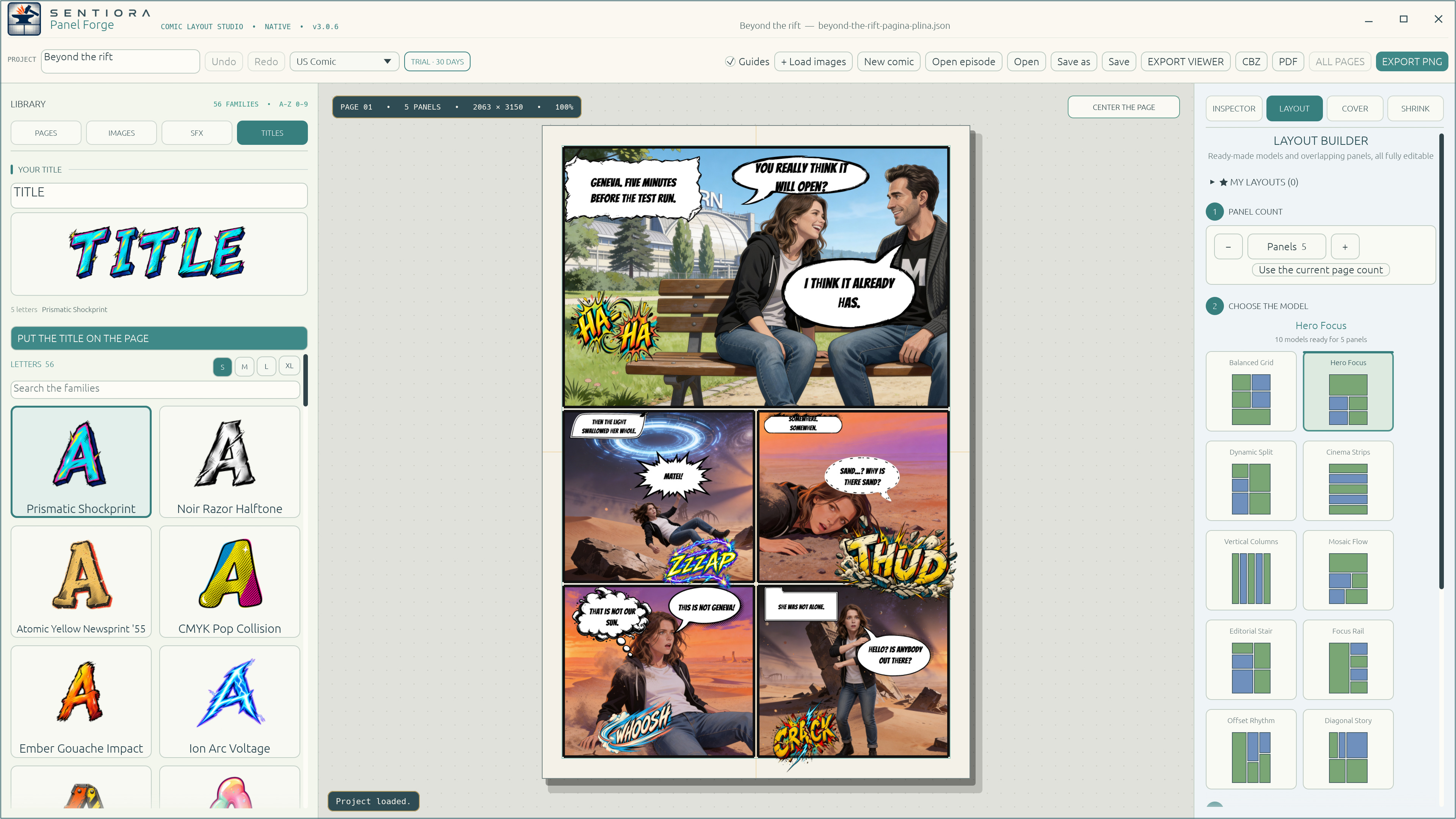 The titles tab with a TITLE preview and lettering families such as Prismatic Shockprint and Noir Razor Halftone.