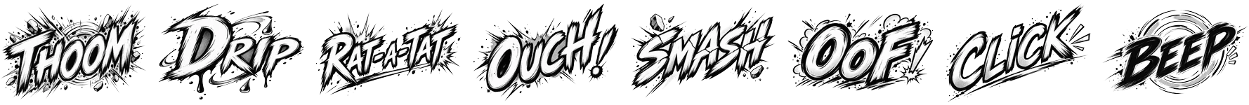 A row of sound effects from the Manga Mono pack.